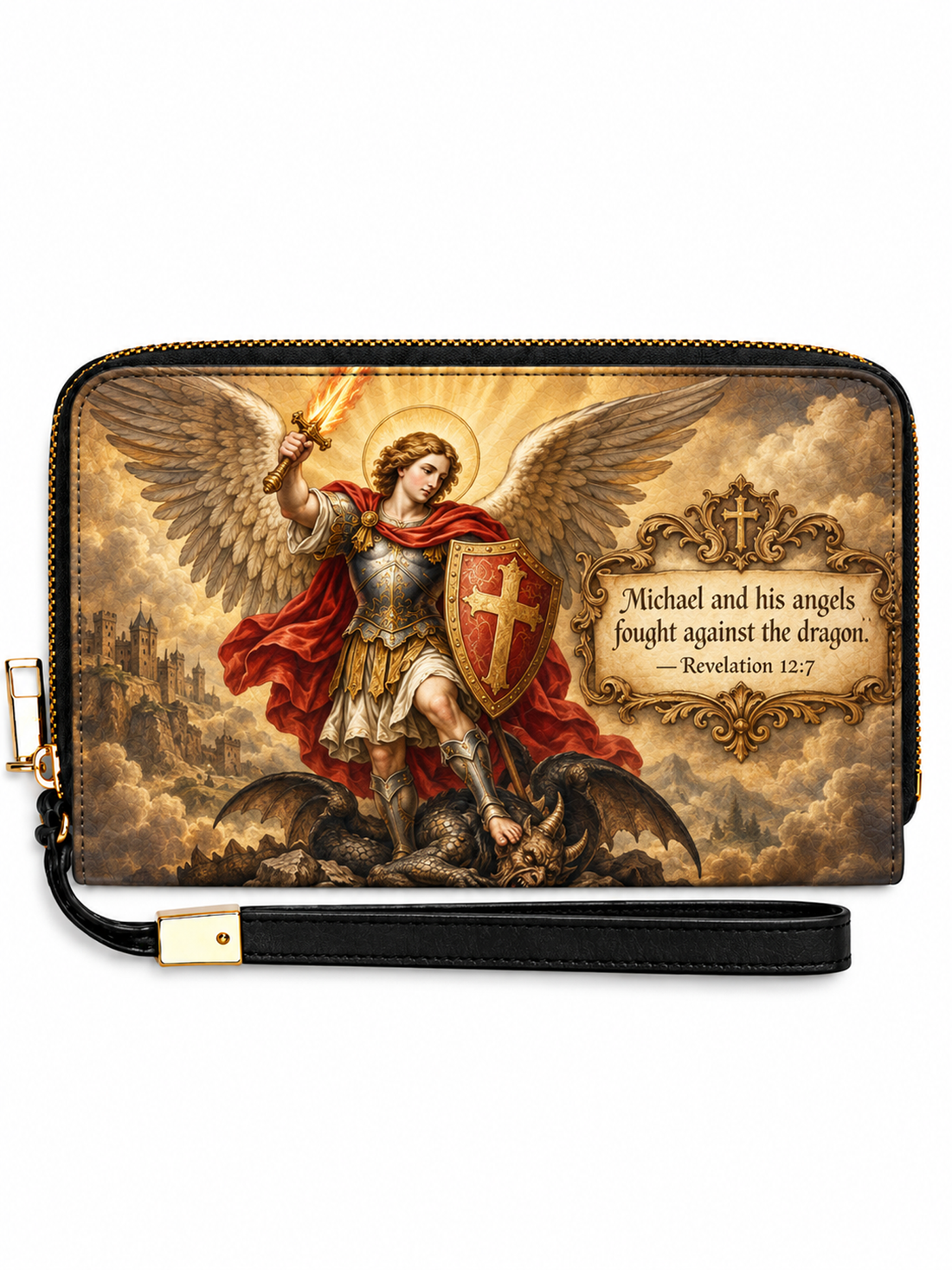 A rectangular zip-around clutch wallet with a black wrist strap, featuring a detailed print of Archangel Michael defeating the dragon with a Bible verse on the front, set against a plain white background.