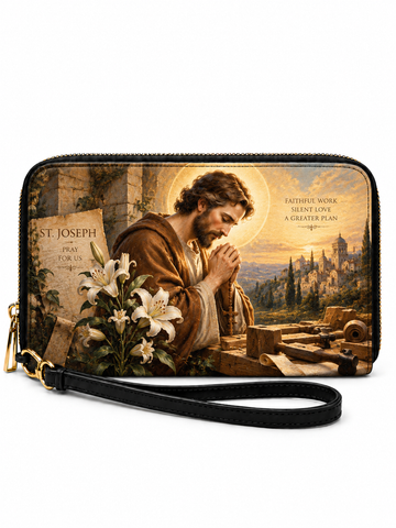 A rectangular zip-around clutch wallet with a black wrist strap, featuring a printed religious illustration of Saint Joseph praying with a halo, flowers, and a scenic landscape. The text on the print reads 'ST.