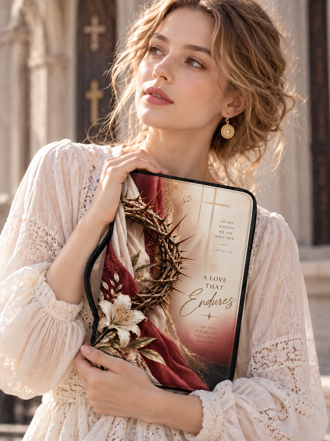 A Bible journal with a black handle, featuring a religious cover design with a crown of thorns, white lilies, red and cream drapery, a gold cross, and the text 'A LOVE THAT Endures' and 'BY HIS WOUNDS WE ARE MADE NEW'.