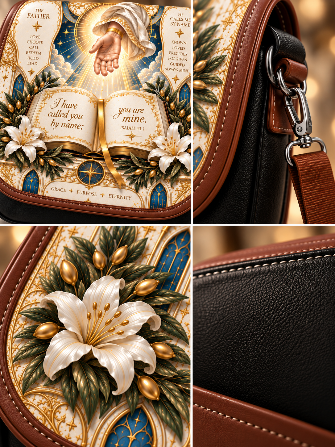 A close-up collage of a brown leather shoulder bag with an ornate religious print featuring a hand, open Bible, lilies, and gold decorative details. One panel shows the side hardware and strap attachment, and another shows a close-up of the textured brown leather.