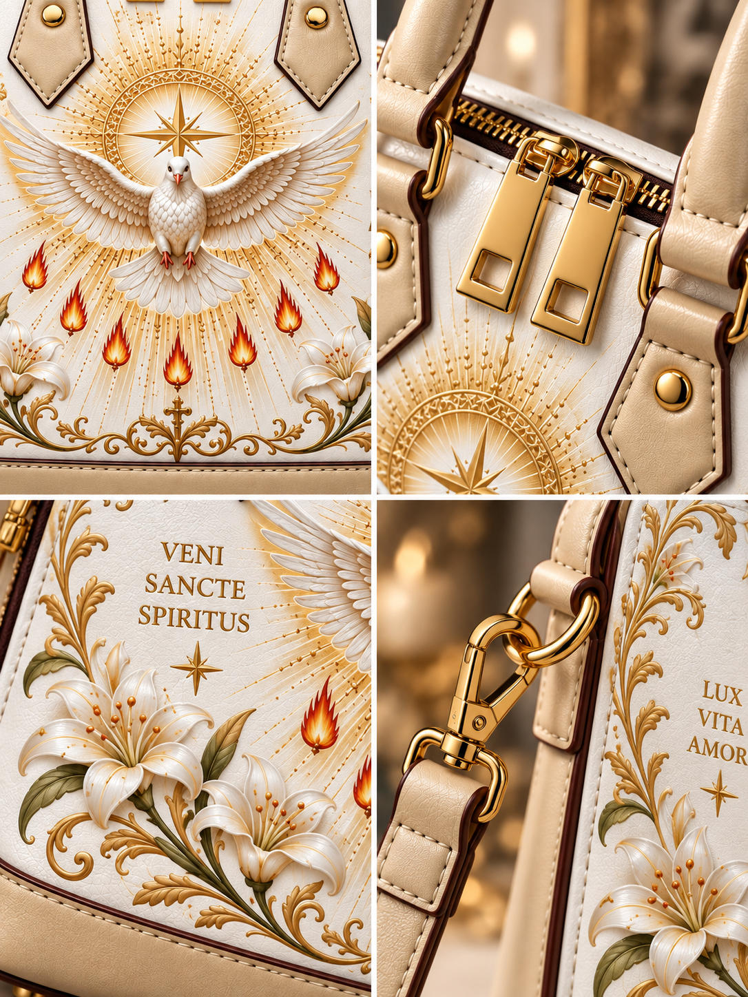 A beige leather handbag shown in a four-panel close-up collage, featuring ornate gold and white religious-style artwork with a dove, flames, lilies, and text including 'VENI SANCTE SPIRITUS' and 'LUX VITA AMOR'.