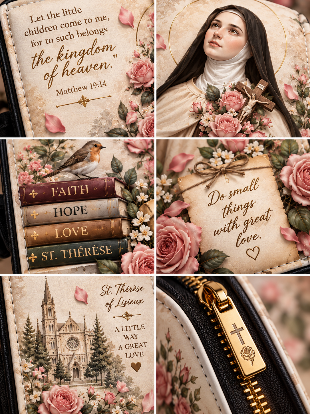 A six-panel collage showing a coordinated St. Therese of Lisieux themed product set, including a journal with a religious quote, a portrait print of the saint, books labeled Faith, Hope, Love, and St.