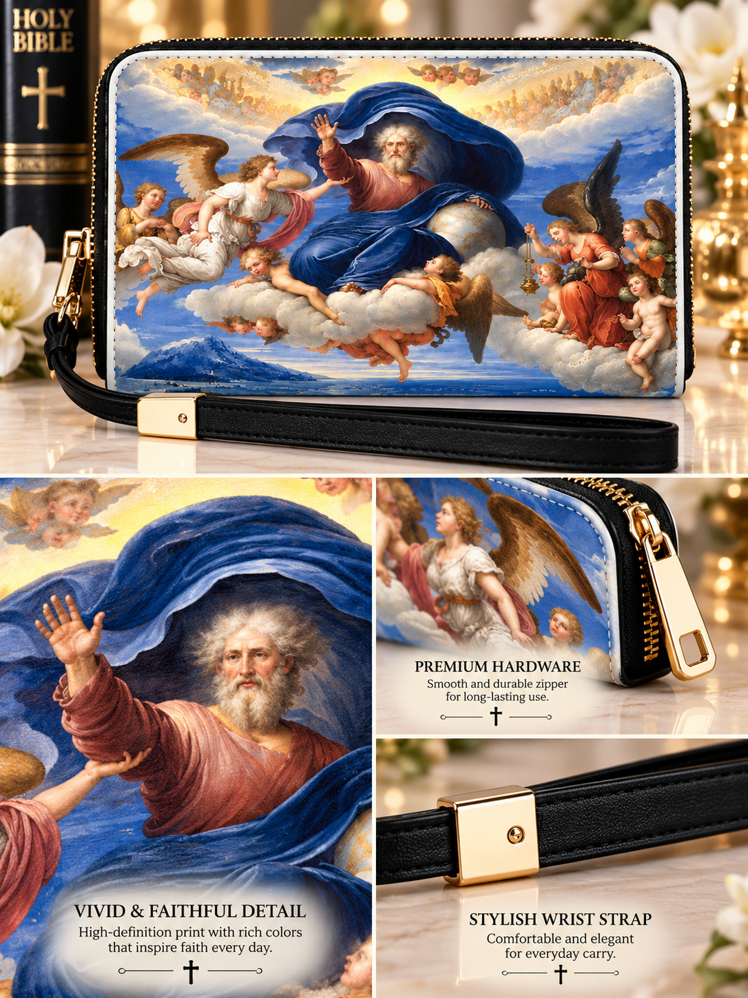 A collage showing a zip-around wristlet clutch with a black wrist strap and a religious painting print featuring a robed figure, angels, and clouds. Text callouts highlight vivid faithful detail, premium hardware, and stylish wrist strap, with a small product detail inset and a blurred warm background.
