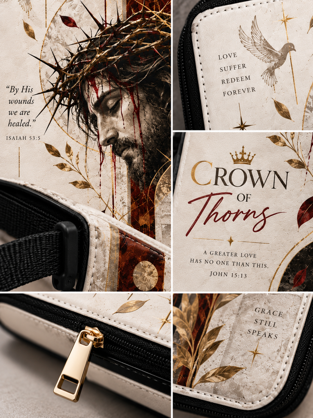 A collage showing multiple close-up views of a Christian crossbody wallet or pouch with a crown-of-thorns design. The product has a cream/off-white faux-leather body with black zippers, a gold zipper pull, and printed artwork including a crowned head with a crown of thorns, scripture text, a bird, and gold leaf motifs.