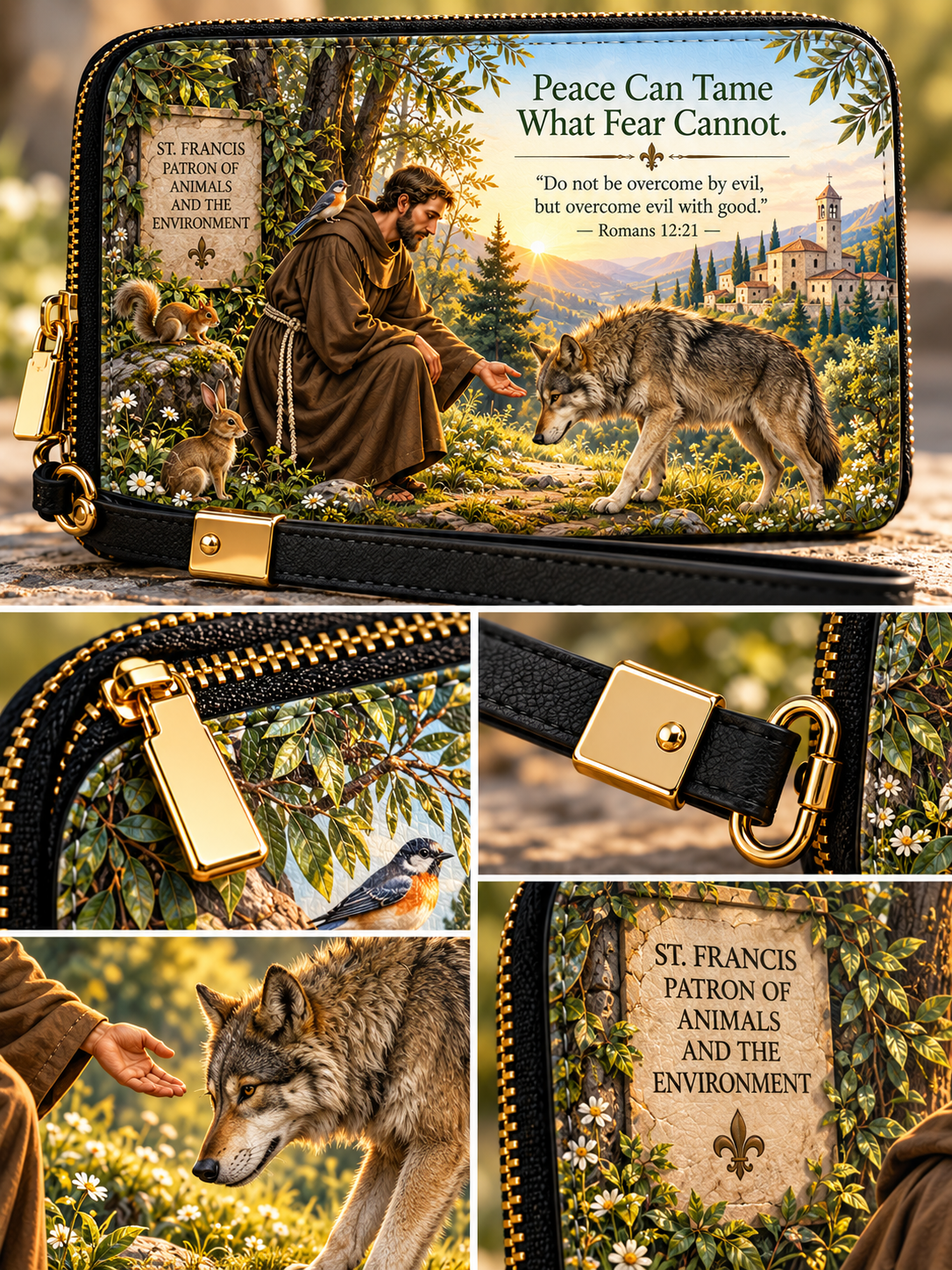 A zip-around clutch or wallet shown in a collage of close-up detail shots and one main front view. The exterior features a printed religious scene of Saint Francis reaching out to a wolf, with text reading 'Peace Can Tame What Fear Cannot' and 'St.