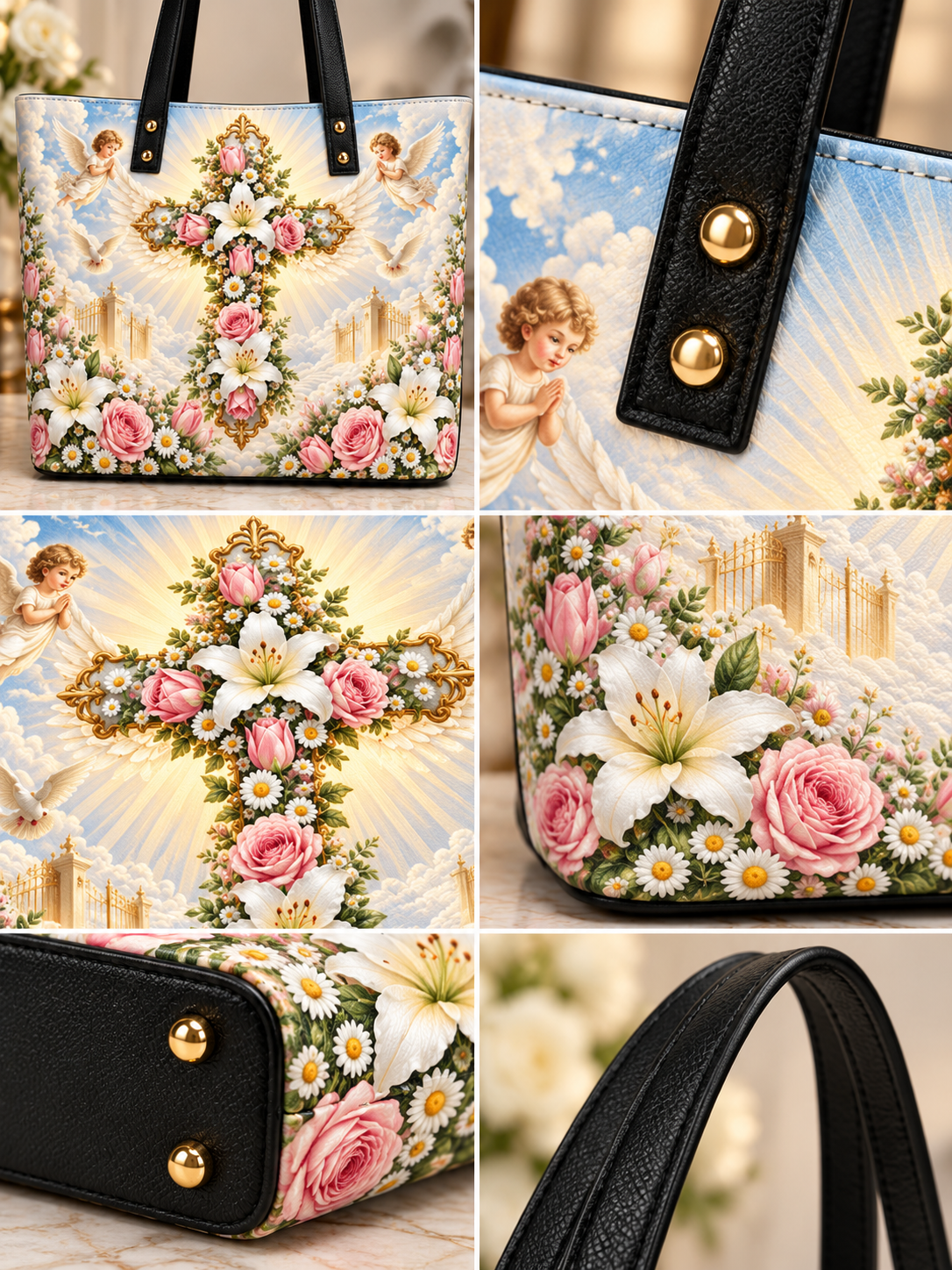 A collage showing multiple close-up views of a handbag with a floral and religious print. The bag features a large cross made of flowers, pink roses, white lilies, and daisies on a cream background with angel illustrations and soft light rays.