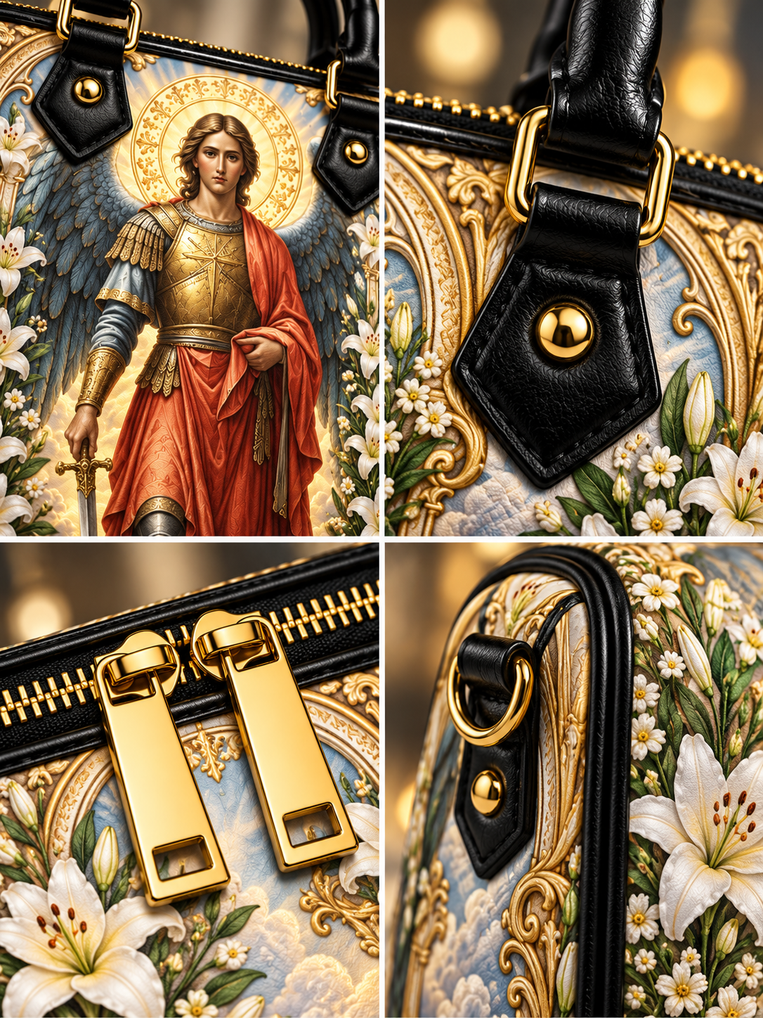 A luxury handbag shown in a four-panel collage with close-up details. The bag features a detailed religious illustration of a winged saint in red and gold robes, black leather trim, gold-tone hardware, and white lilies on a blue and gold patterned background.