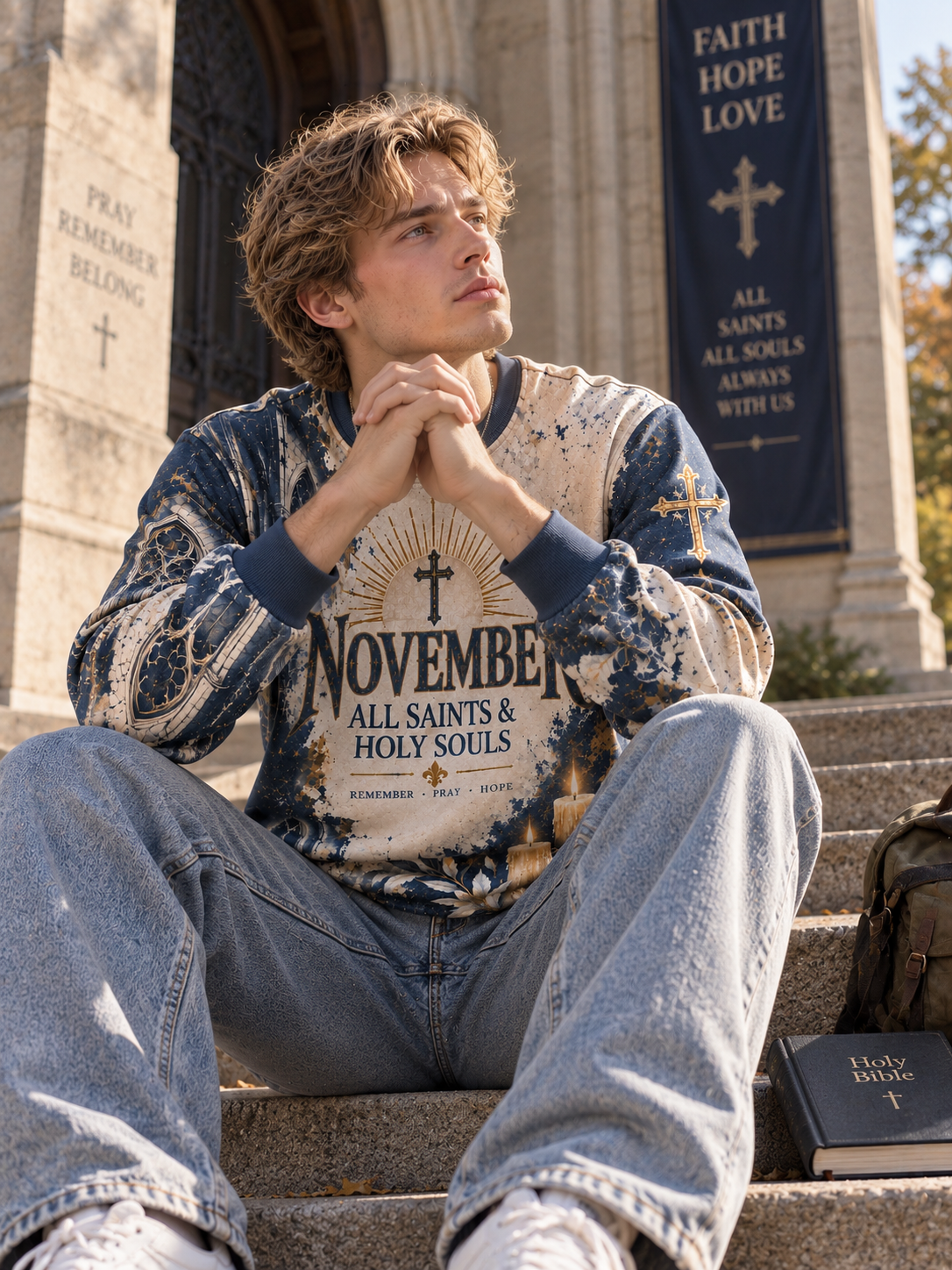 A young man sits on the stone steps of a historic church, wearing a distressed navy and beige graphic sweatshirt with a cross and the text 'November All Saints & Holy Souls'.