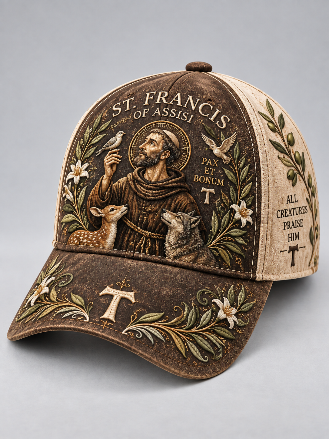 A distressed brown and beige baseball cap featuring detailed religious artwork of Saint Francis of Assisi, a deer, a wolf, birds, and ornate floral motifs on a gray studio background.