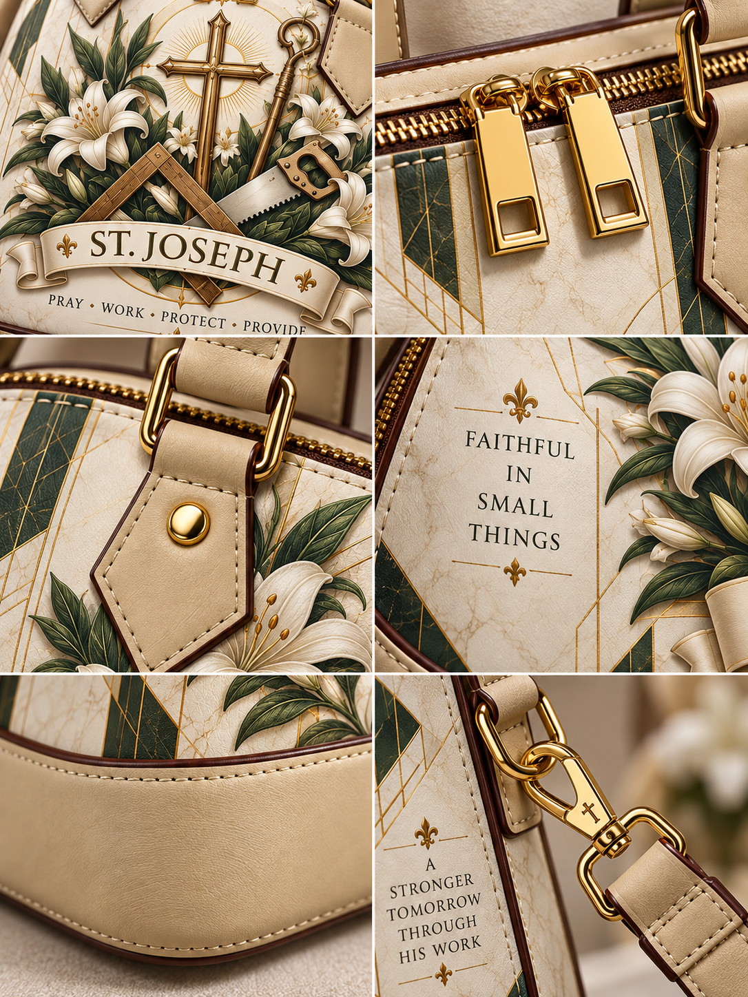 A six-panel close-up collage of a handbag, showing the printed front panel with a cross, keys, lilies, and the text 'ST. JOSEPH', gold zipper pulls, hardware, a cream leather strap, and printed text panels including 'FAITHFUL IN SMALL THINGS' and 'A STRONGER TOMORROW THROUGH HIS WORK'.