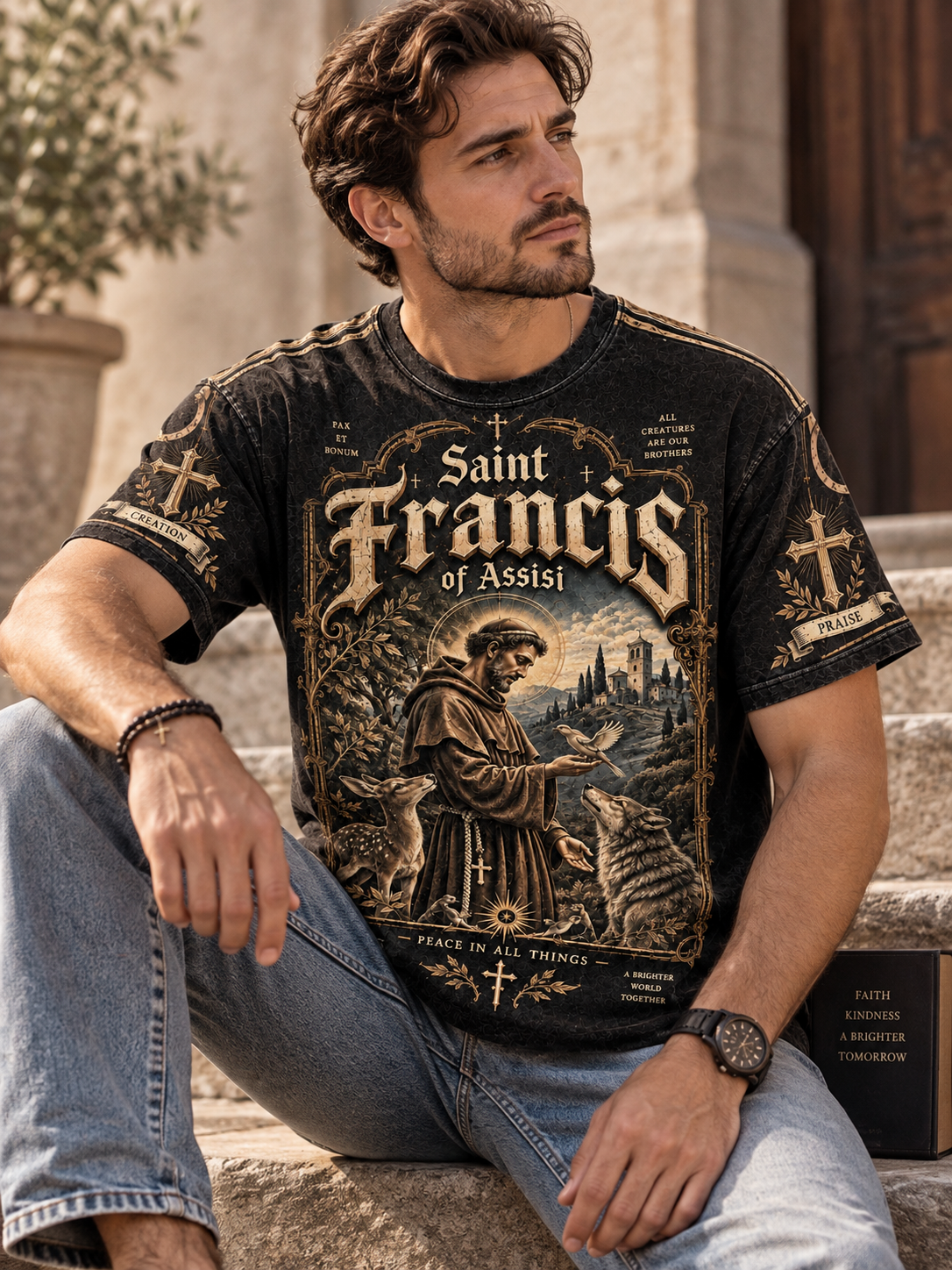 A black short-sleeve graphic t-shirt featuring a detailed vintage-style illustration of Saint Francis of Assisi, with deer, a wolf, a castle, and ornate gold-toned text on a gray studio background.