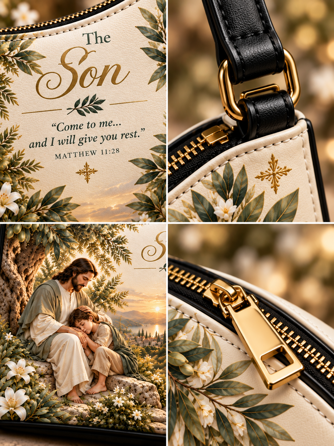 A multi-panel product collage showing a handbag or pouch with a cream background, black leather strap, gold zipper hardware, and printed artwork. The top panels focus on the printed front panel with the words 'The Son' and a Bible verse, while the bottom panels show close-ups of the gold zipper pull and floral/leaf print on the bag body.