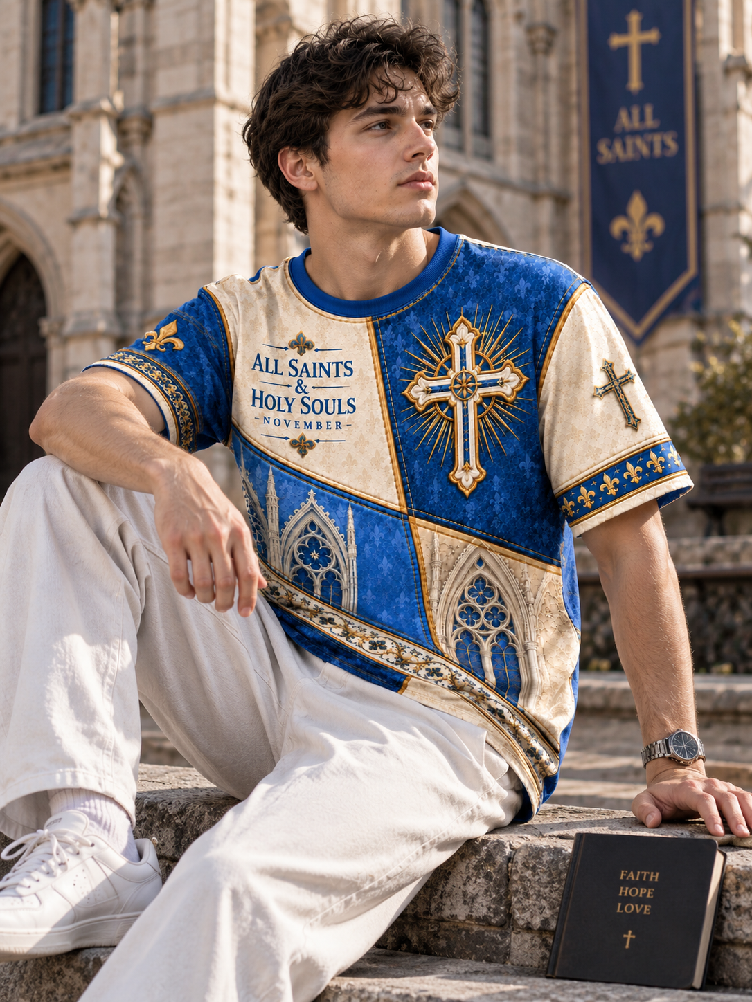 A man sits on stone steps in front of a cathedral, wearing a blue and cream mock-neck t-shirt with 'All Saints Holy Souls Overeans' text and a large gold cross graphic, paired with white pants.
