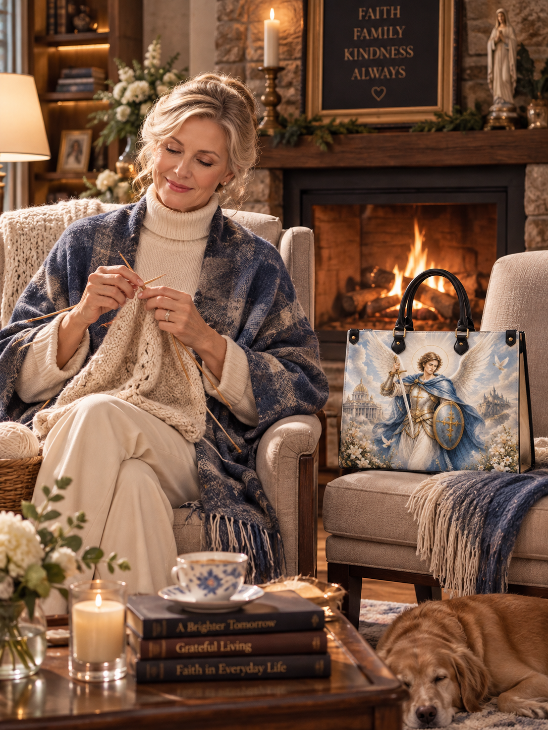 A woman sits in a cozy living room by a fireplace, knitting while wearing a blue patterned shawl and cream sweater. A matching tote bag with a classical warrior illustration rests on the armchair beside her.