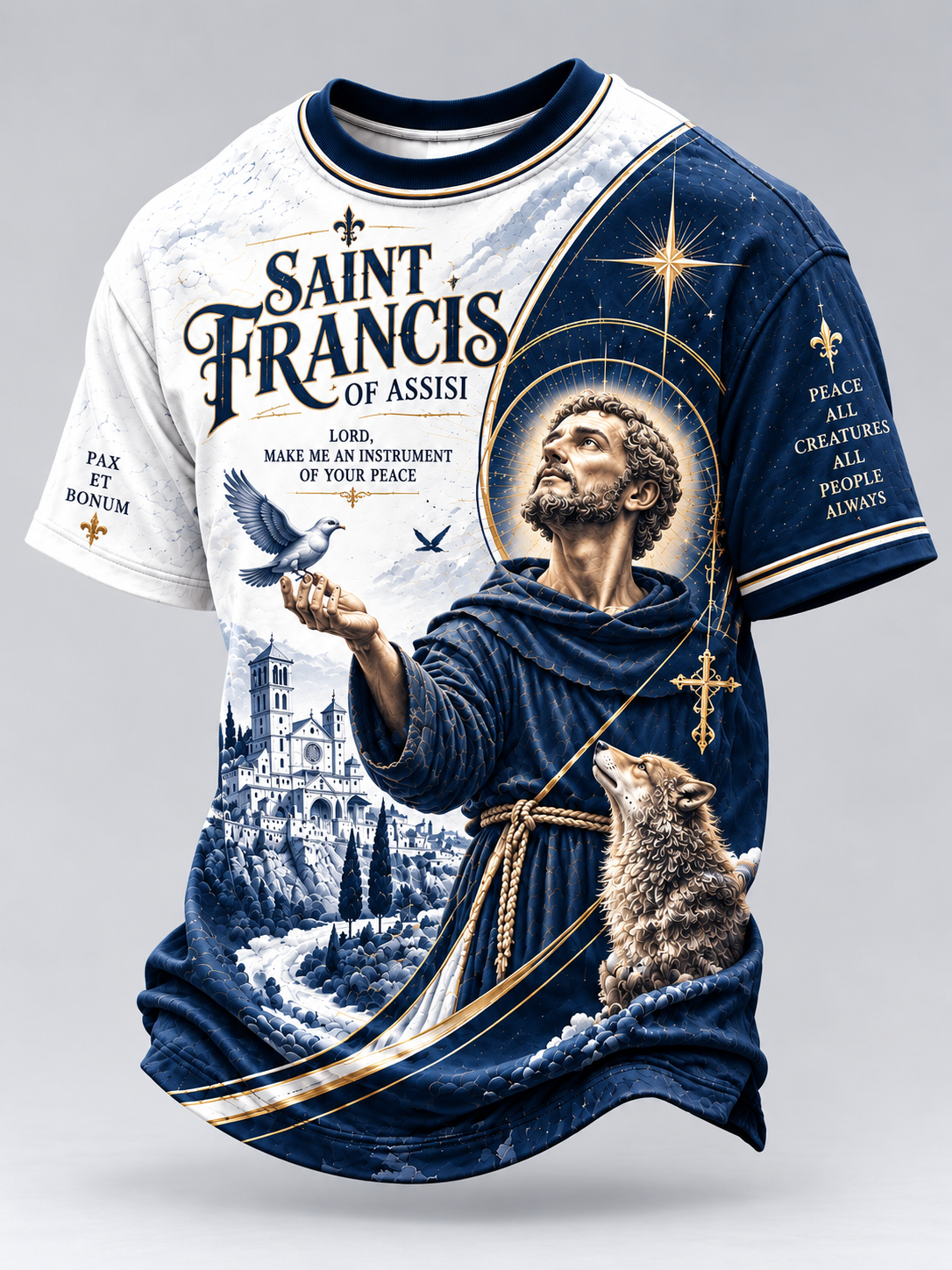 A short-sleeve graphic T-shirt shown on a ghost mannequin against a light gray background. The shirt features a detailed print of Saint Francis of Assisi, a wolf, a dove, the Basilica of Saint Francis, and religious text, with a color scheme of navy blue, white, and gold.