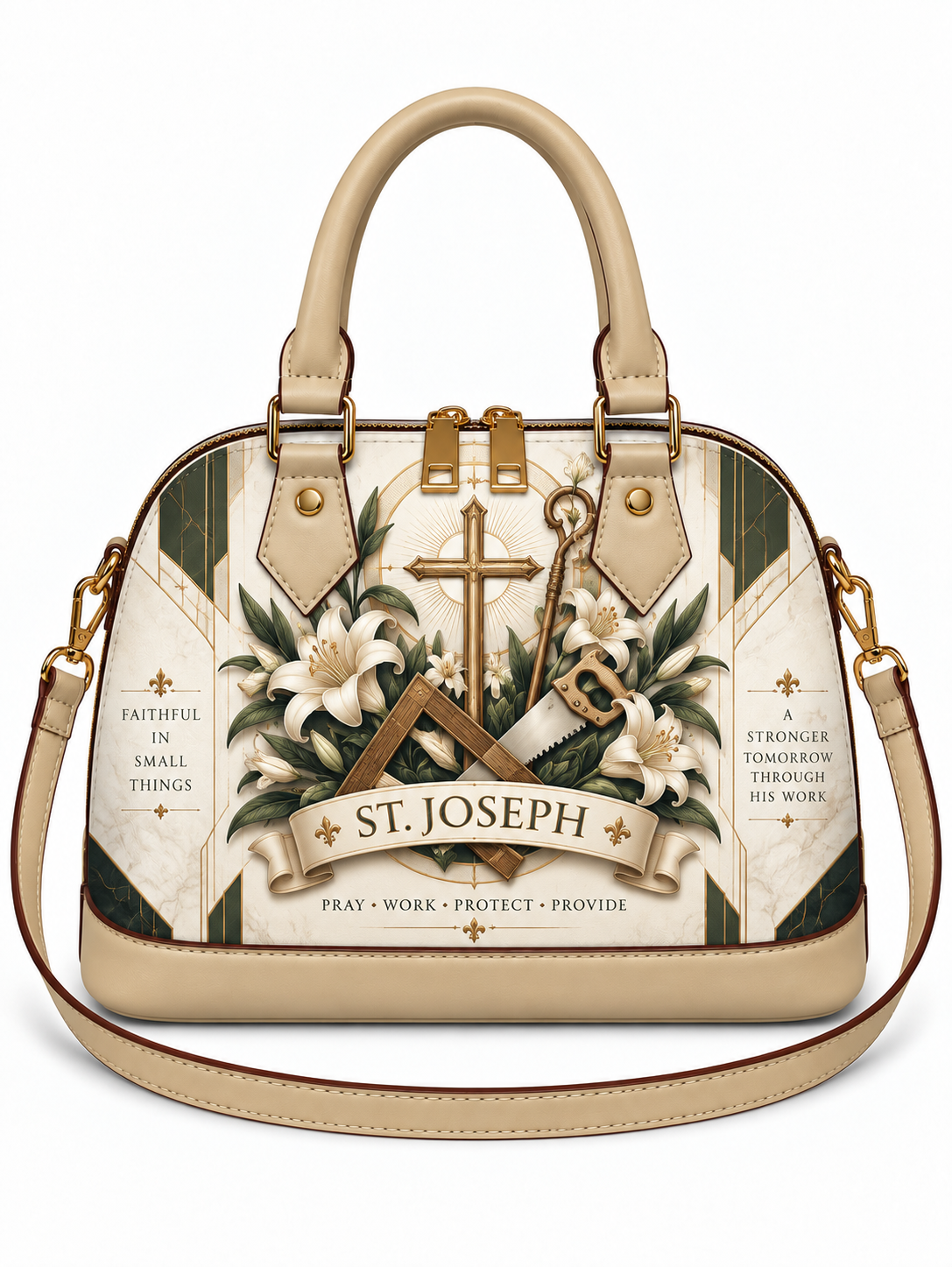 A structured dome-shaped handbag with beige leather handles and trim, featuring a detailed graphic print on the front. The print includes a cross, keys, lilies, a saw, and the text 'ST.