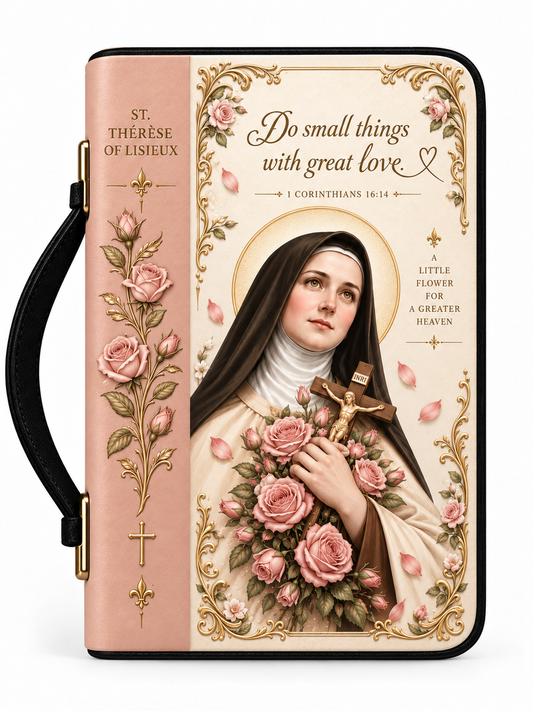 A Bible-style book cover with a black handle, featuring a pink left panel with rose illustrations and the text 'ST. THÉRÈSE OF LISIEUX,' and a cream right panel with an illustrated nun surrounded by pink roses and gold decorative borders.