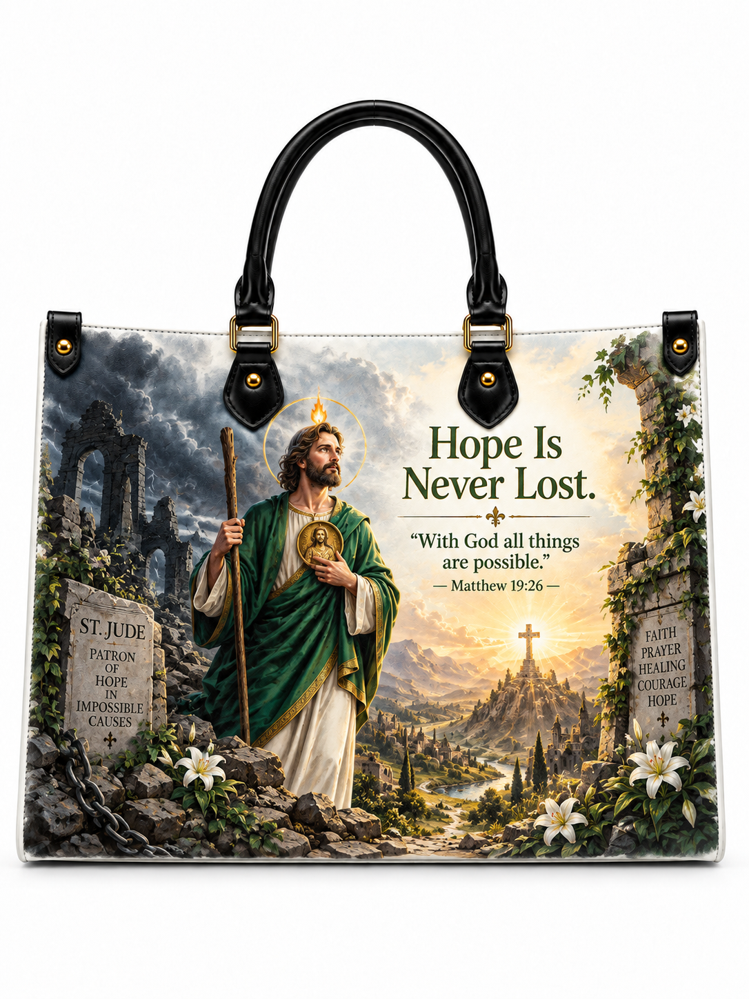 A structured tote bag with black leather handles and gold-tone hardware, featuring a printed religious illustration of Saint Jude with the text 'Hope Is Never Lost' and a Bible verse.