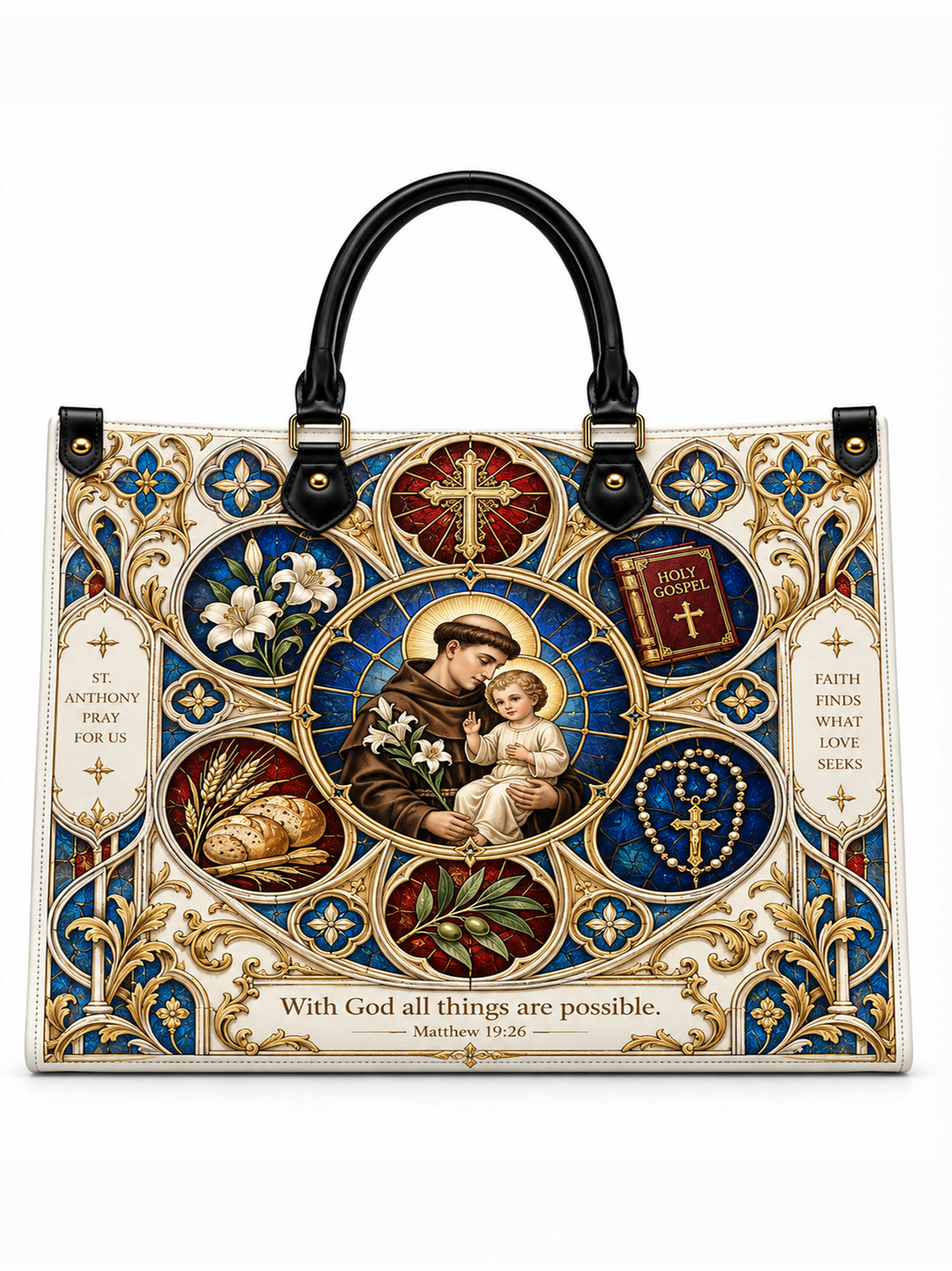A structured tote bag with black handles, featuring an ornate religious design inspired by an antique mosaic. The design includes a central circular depiction of Saint Anthony and the Infant Jesus, surrounded by medallions with a cross, Bible verse, rosary, wheat, and flowers, all framed by blue, gold, and white filigree patterns.