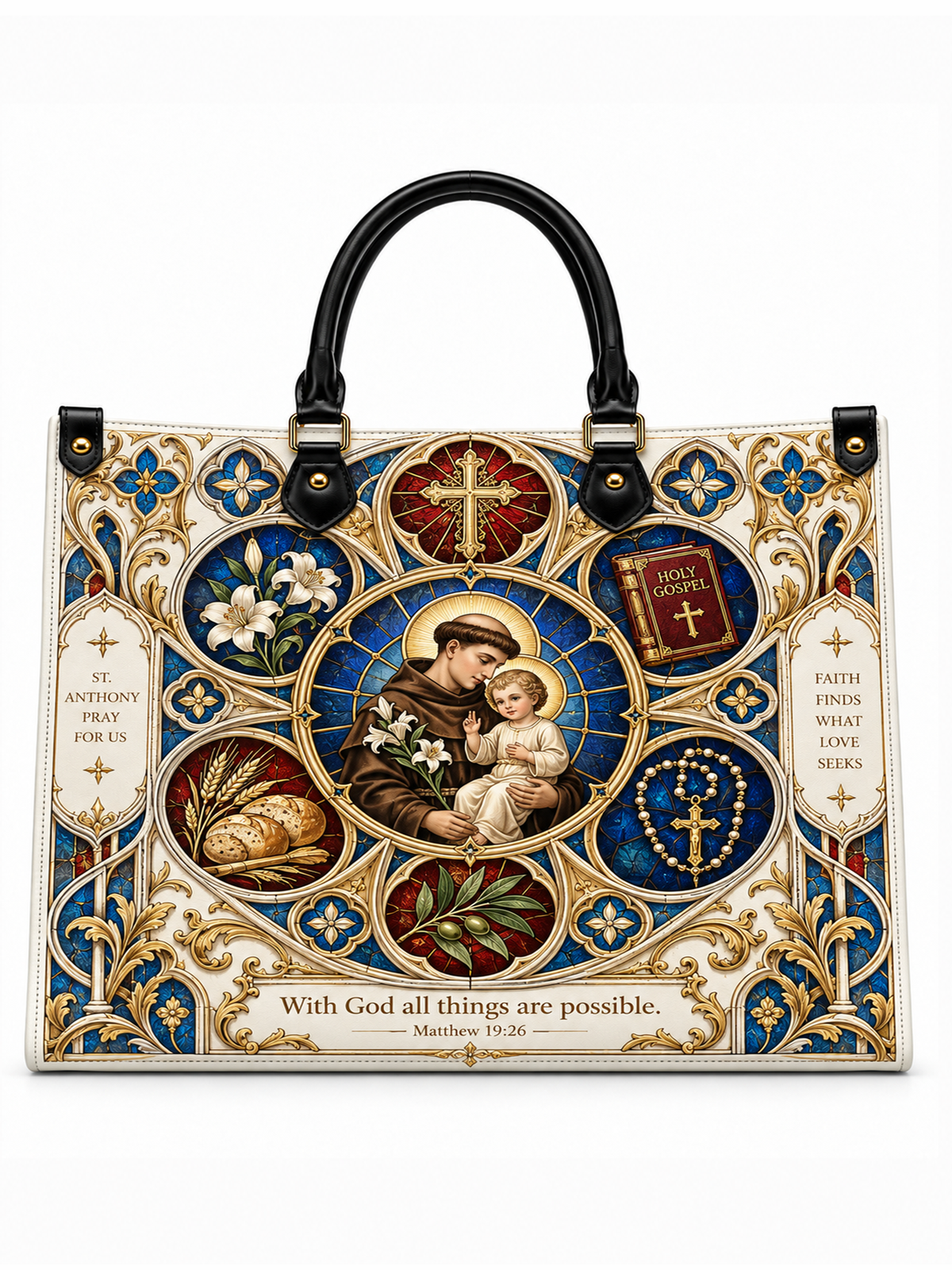 A structured tote bag with black handles, featuring an ornate religious design inspired by an antique mosaic. The design includes a central circular depiction of Saint Anthony and the Infant Jesus, surrounded by medallions with a cross, Bible verse, rosary, wheat, and flowers, all framed by blue, gold, and white filigree patterns.