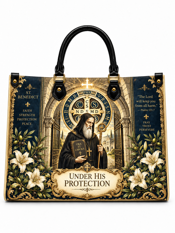 St. Benedict Under His Protection Leather Tote Bag