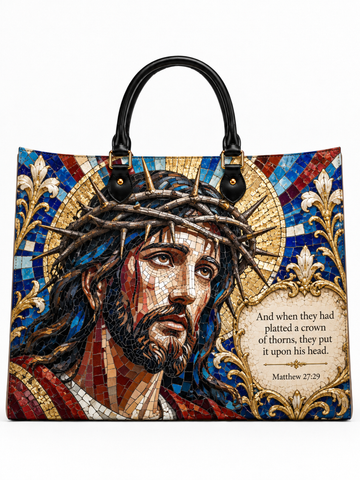 Crown of Thorns Cathedral Mosaic Christ Leather Tote Bag