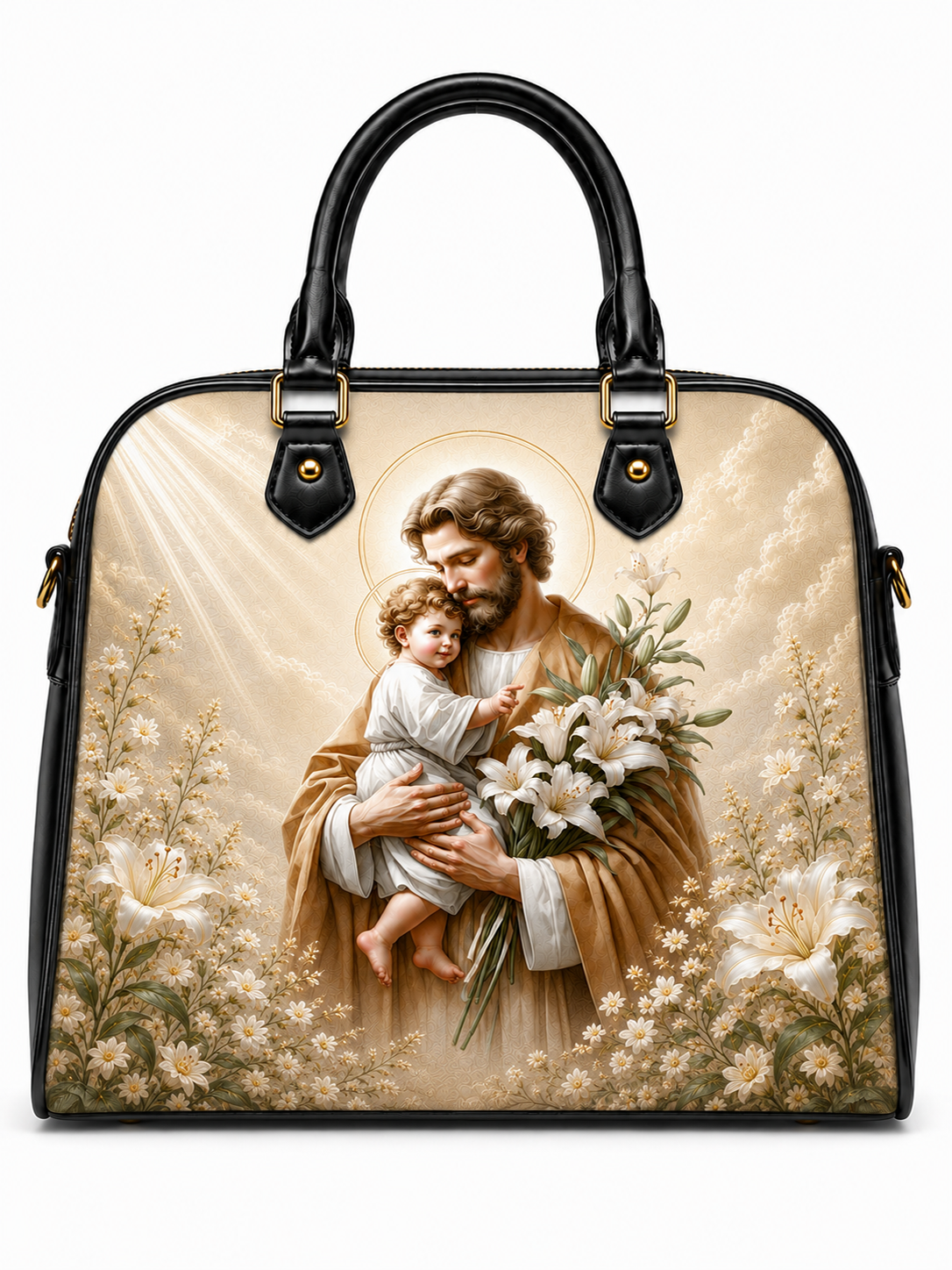 A structured black handbag with dual top handles and gold-tone hardware, featuring a large printed religious artwork on the front. The print shows a bearded man in brown robes holding a child, surrounded by white lilies and small flowers against a warm cream background with light rays.
