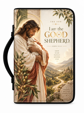 A Bible or prayer journal with a black handle, featuring a printed cover design of Jesus holding a white lamb, with the text 'I am the GOOD SHEPHERD. John 10:11' and a scenic landscape background.