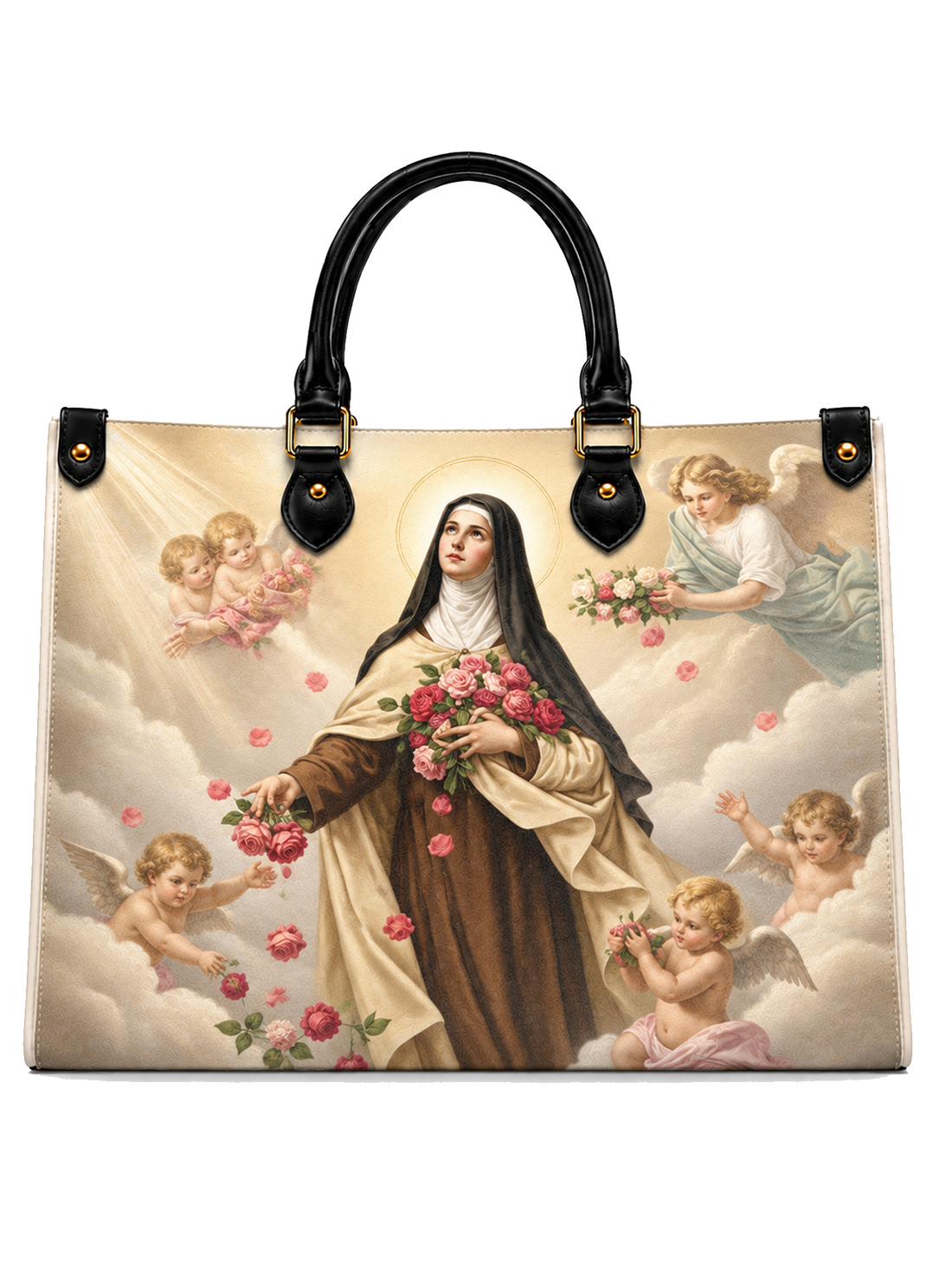 A structured tote bag with black handles and gold-tone hardware, featuring a large printed religious artwork of a saint surrounded by cherubs and clouds.