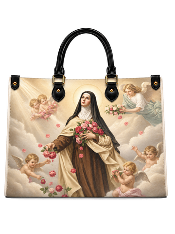 A structured tote bag with black handles and gold-tone hardware, featuring a large printed religious artwork of a saint surrounded by cherubs and clouds.