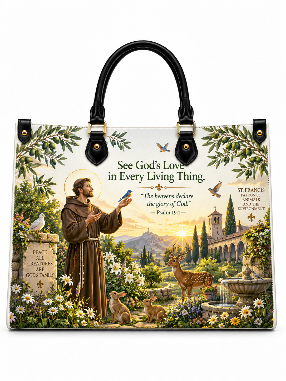 A structured tote bag with black double handles and gold-tone hardware, featuring a detailed religious illustration of Saint Francis of Assisi in a garden with flowers, birds, a fountain, and a stone archway. The bag includes printed text, including a Bible verse and a saint quote.