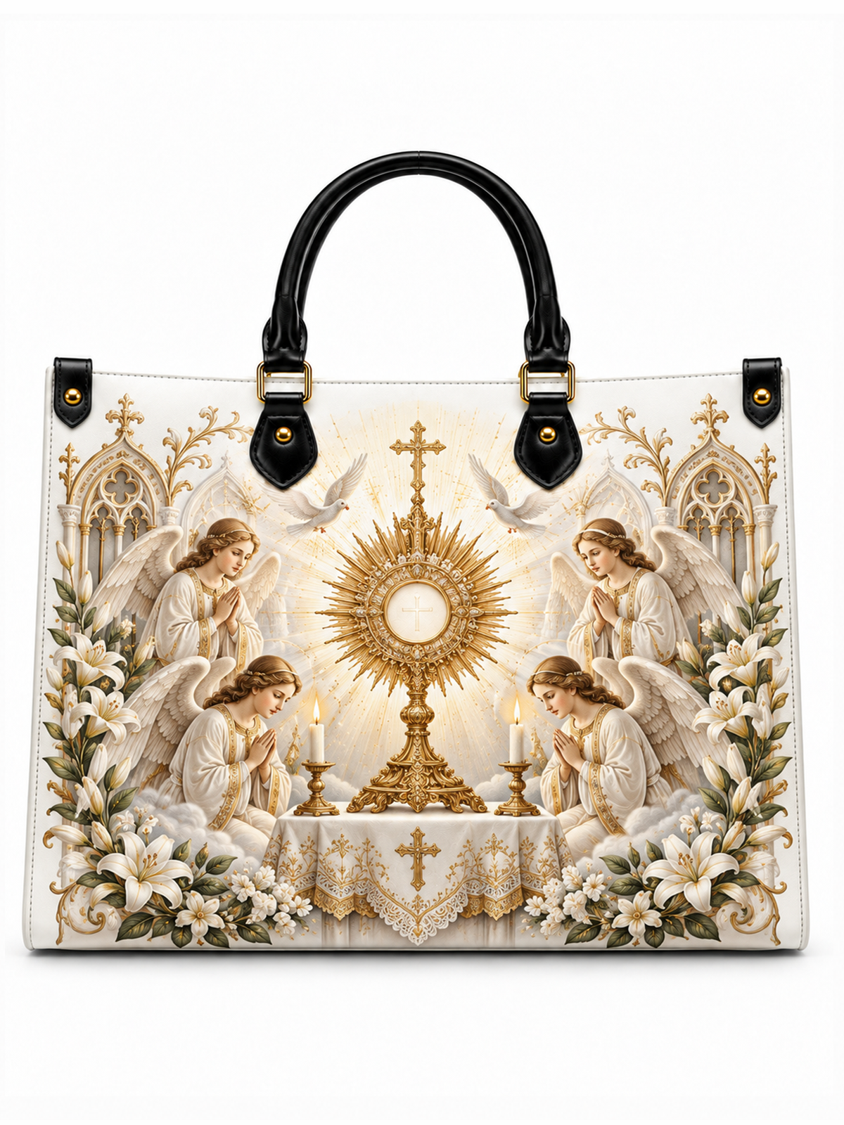A structured tote bag with black leather handles and gold-tone hardware, featuring a large religious print of the Eucharist with angels, candles, lilies, and a radiant chalice on a white background.