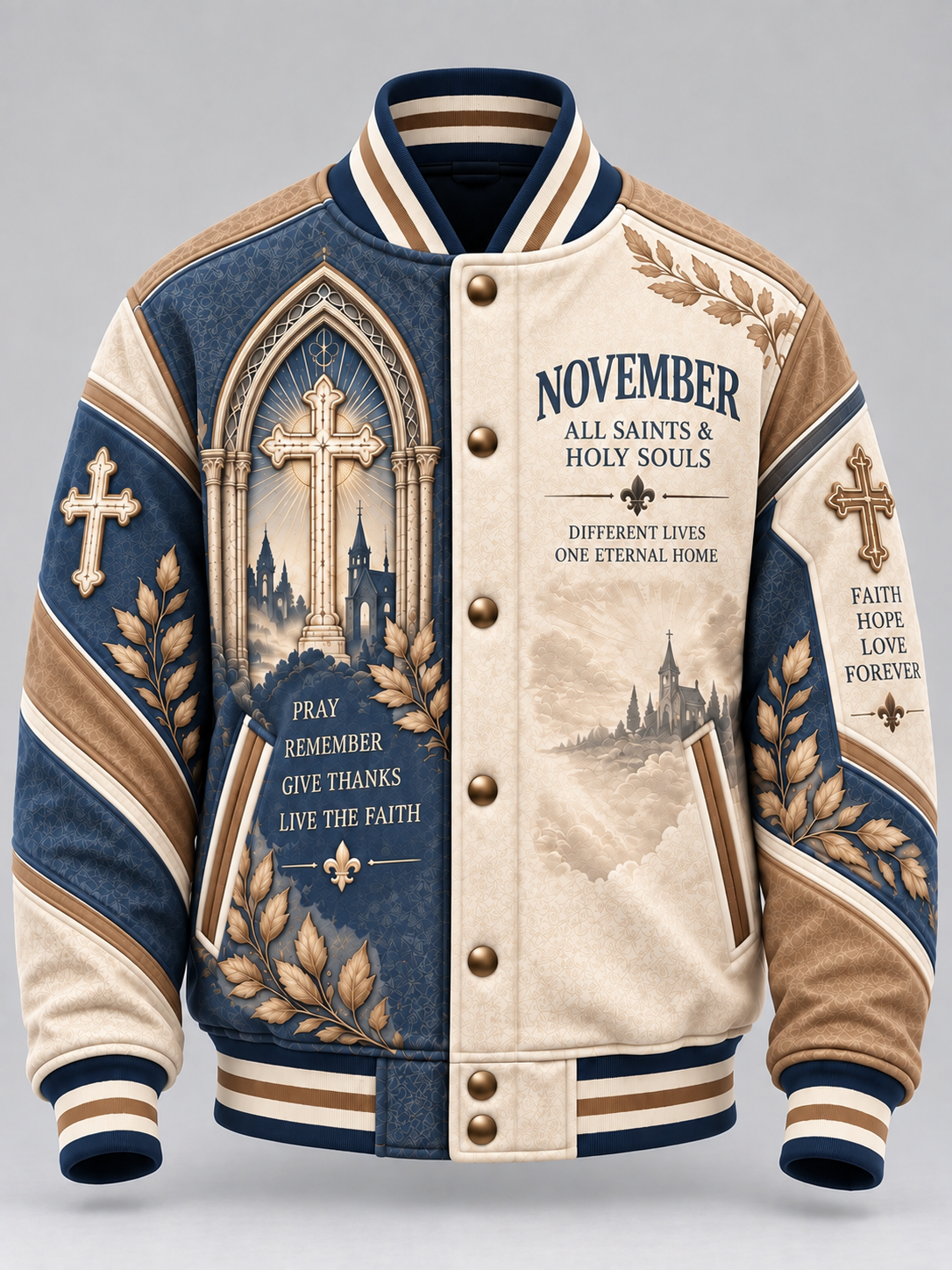 A varsity-style bomber jacket with a split design: one side is navy blue with a large cathedral arch, cross, and gothic text reading 'November All Saints & Holy Souls'; the other side is warm beige with a soft cityscape and smaller gothic text. The jacket has cream ribbed trim, gold-tone buttons, and decorative leaf motifs on the sleeves.
