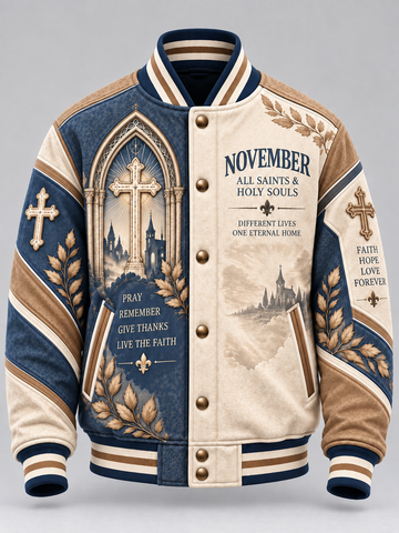 A varsity-style bomber jacket with a split design: one side is navy blue with a large cathedral arch, cross, and gothic text reading 'November All Saints & Holy Souls'; the other side is warm beige with a soft cityscape and smaller gothic text. The jacket has cream ribbed trim, gold-tone buttons, and decorative leaf motifs on the sleeves.