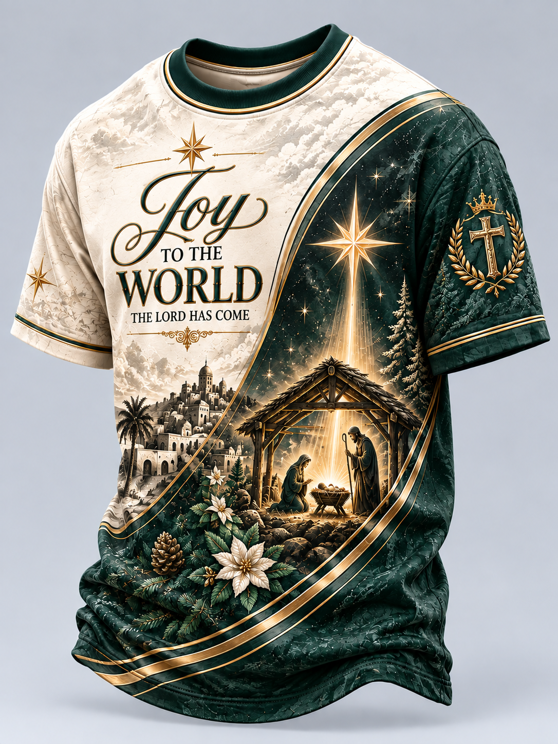 A short-sleeve crewneck t-shirt featuring a split Christmas design. The left side is cream-colored with the text 'Joy to the WORLD THE LORD HAS COME' and a cloudy sky graphic.