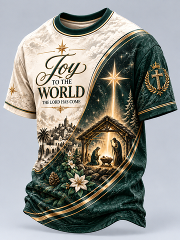 A short-sleeve crewneck t-shirt featuring a split Christmas design. The left side is cream-colored with the text 'Joy to the WORLD THE LORD HAS COME' and a cloudy sky graphic.