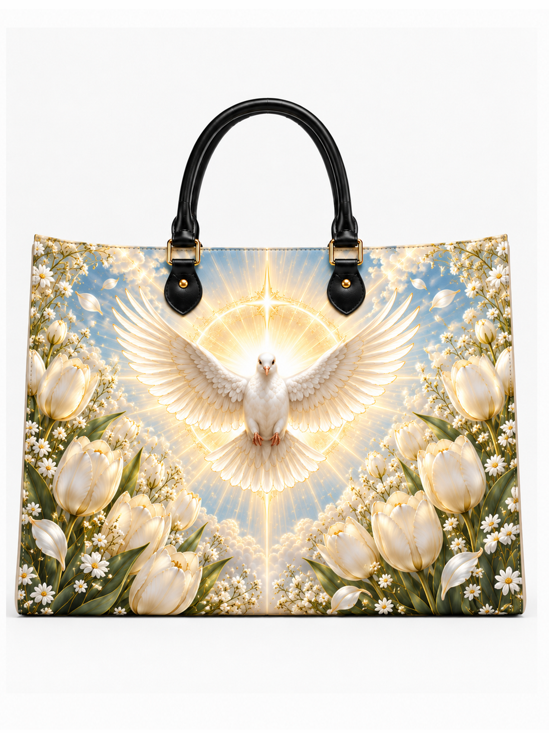 A structured tote bag with black leather handles and gold-tone hardware, featuring a detailed graphic print of a white dove with outstretched wings surrounded by a radiant halo and white tulips on a light blue sky background.