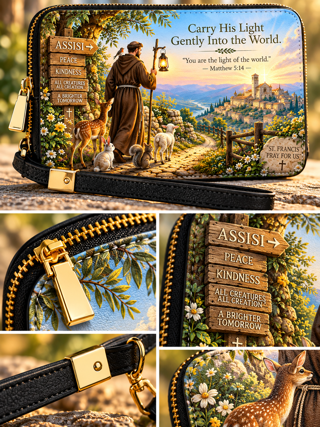 A zip-around pouch with a detailed religious illustration of Saint Francis of Assisi walking with animals along a path, surrounded by decorative signs reading 'ASSISI+' and 'ASSISI peace kindness all creation all brighter tomorrow.' The pouch is shown in a collage with close-up views of the gold zipper pull, patterned fabric, strap hardware, and a deer illustration.
