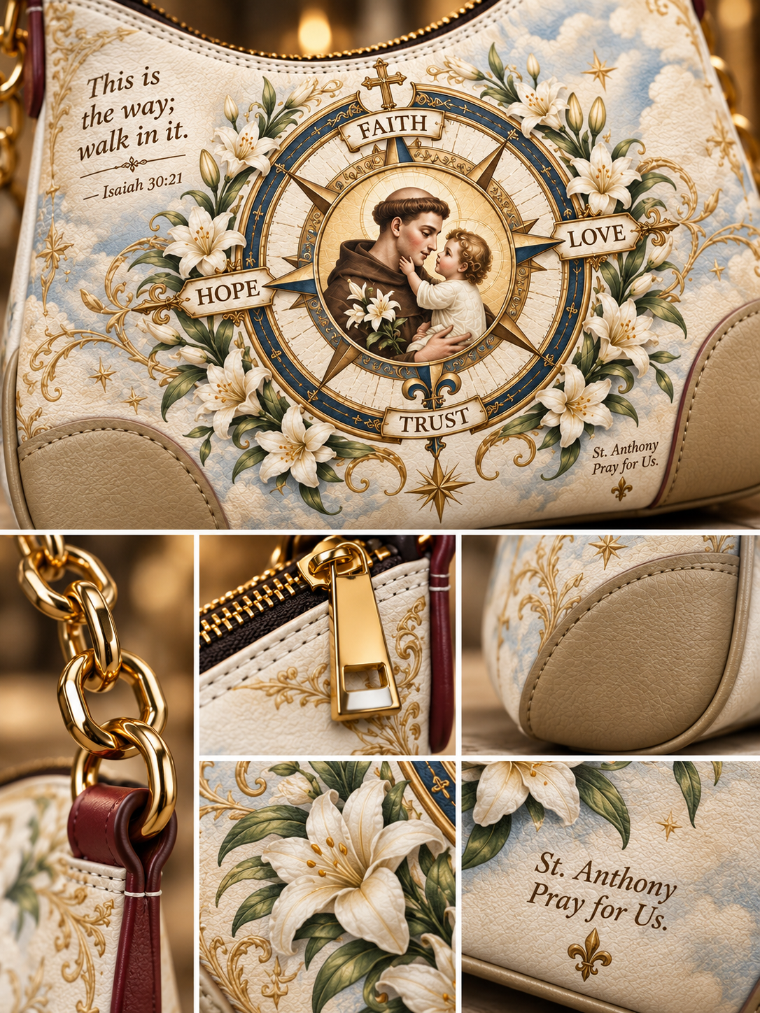 A decorative handbag shown in a collage of close-up views. The main view shows the front panel with an ornate religious illustration featuring a central figure holding a child, surrounded by the words FAITH, LOVE, HOPE, and TRUST, plus floral and scroll motifs.
