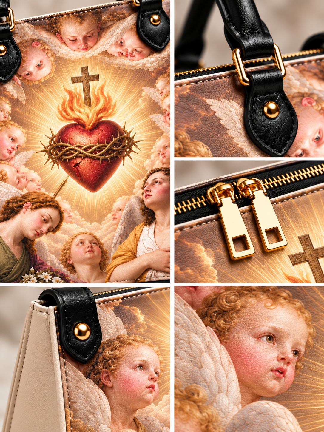 A collage showing a handbag with an ornate religious art print featuring angels, a radiant red heart with a cross, and gold-tone hardware. Close-up panels highlight the black leather strap with gold rivet, the gold zipper pull tabs, and detailed portions of the printed artwork.