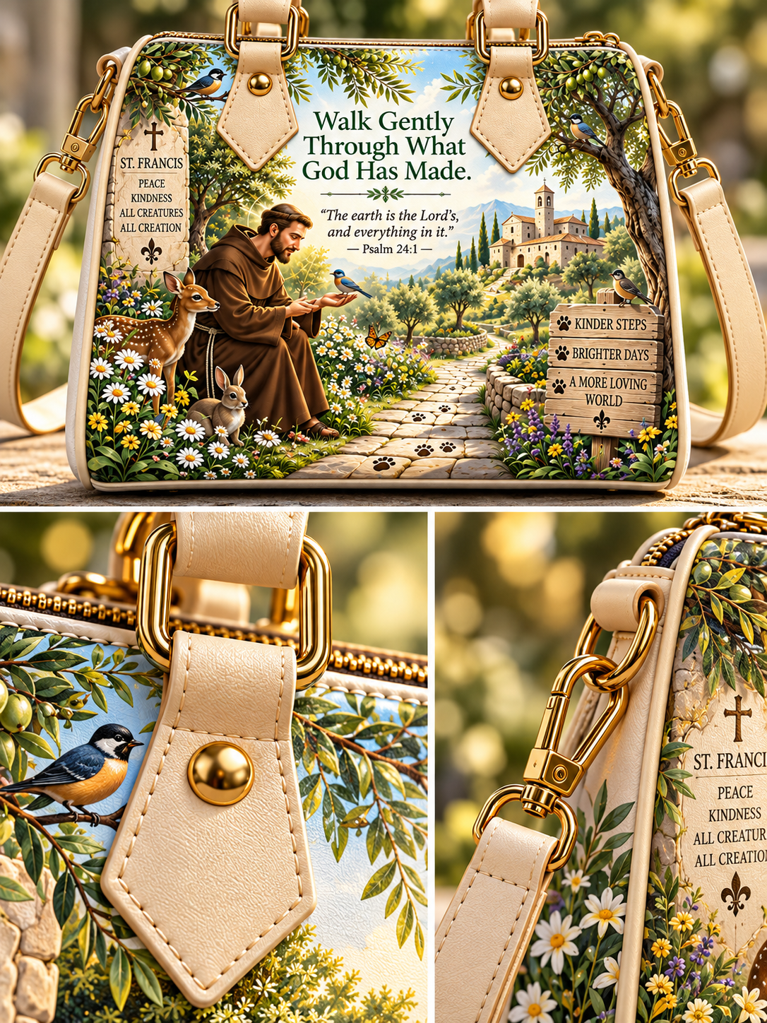A structured handbag shown in a three-panel collage. The main panel shows the full bag with cream-colored leather trim and a detailed nature illustration featuring Saint Francis, flowers, birds, a stone path, and Bible verses.