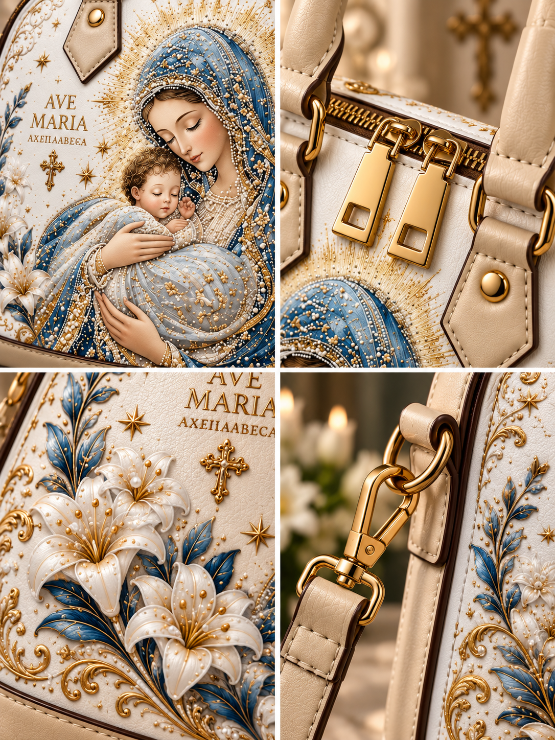 A luxury handbag shown in a four-panel collage, featuring a cream-colored leather body with ornate gold and blue religious artwork of the Virgin Mary and lilies, plus close-up views of gold hardware and zipper details.
