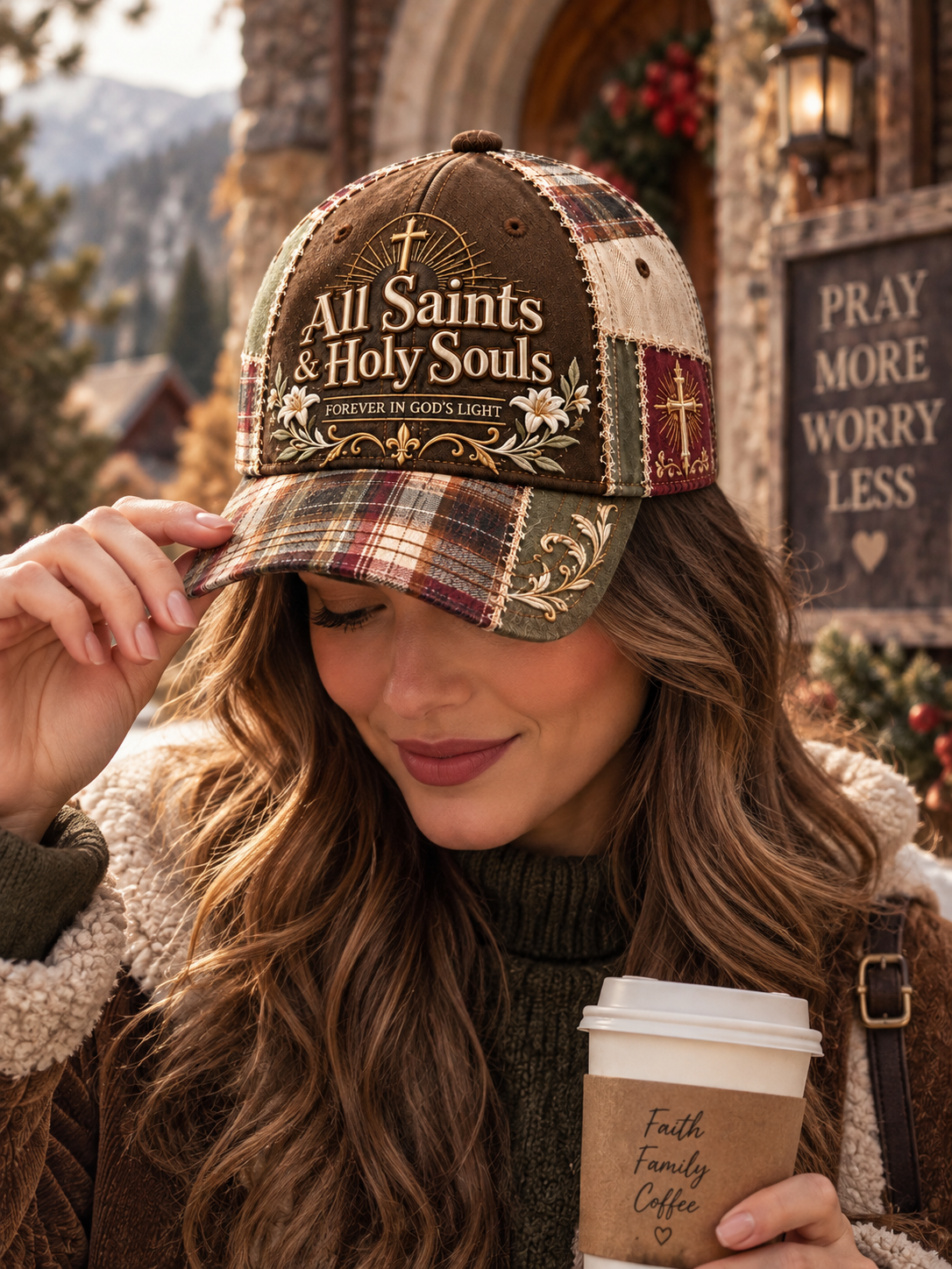 A baseball cap with a brown front panel featuring the text 'All Saints & Holy Souls' and 'FOREVER IN GOD'S LIGHT' with a gold cross and sunburst. The sides and brim feature a patchwork plaid pattern in brown, red, green, and beige with embroidered gold details.