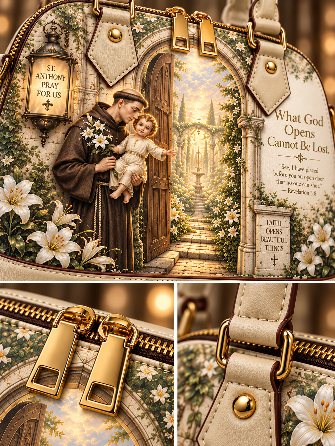 A decorative structured handbag shown in a three-panel collage. The top panel shows the full bag with an illustrated religious scene featuring a saint holding a child, white lilies, floral patterning, and printed scripture text.