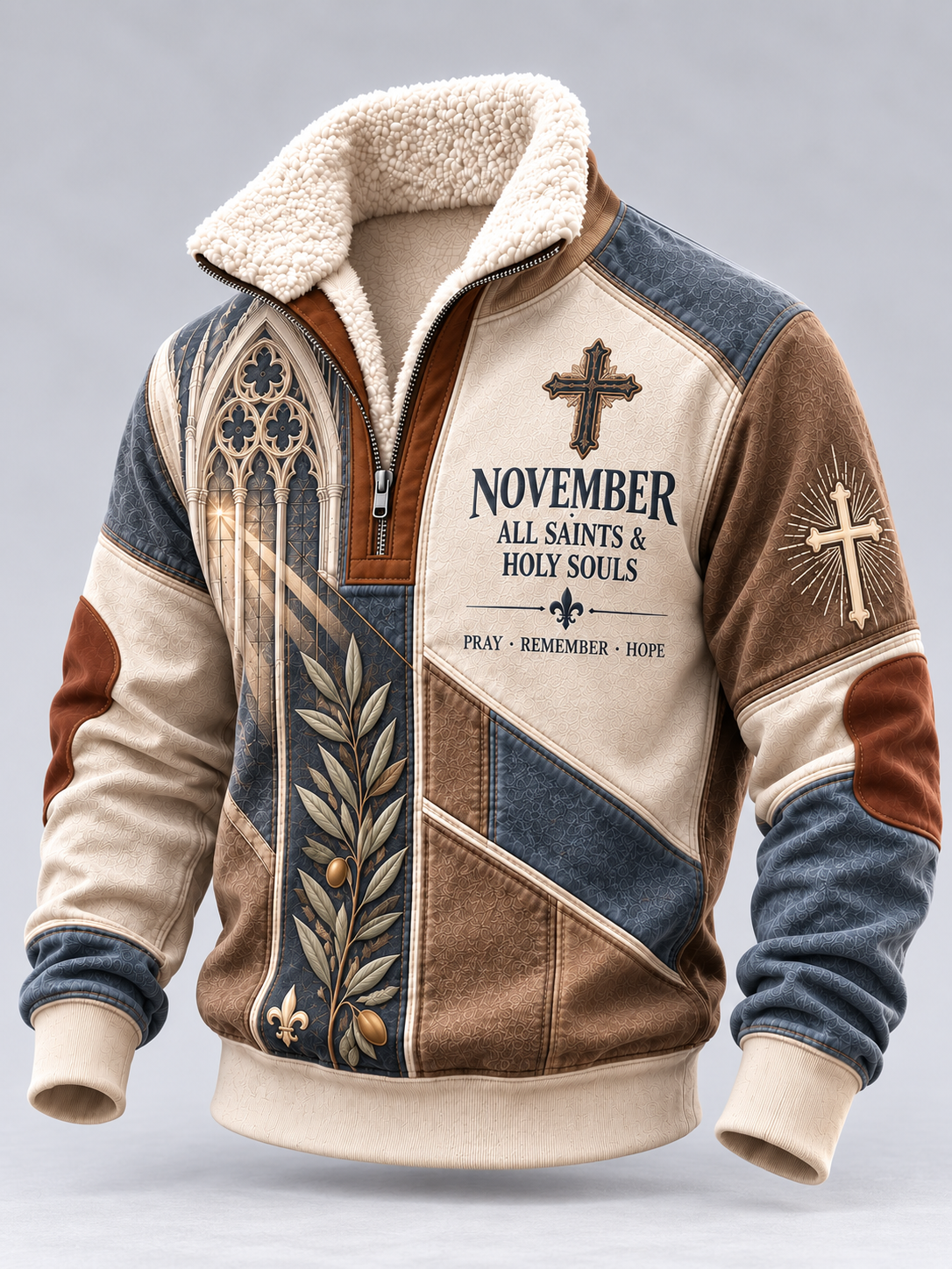 A men's quarter-zip fleece jacket with a patchwork design in brown, beige, and blue denim. The front features a gothic window motif, a leafy branch, a cross, and the text 'NOVEMBER ALL SAINTS & HOLY SOULS'.