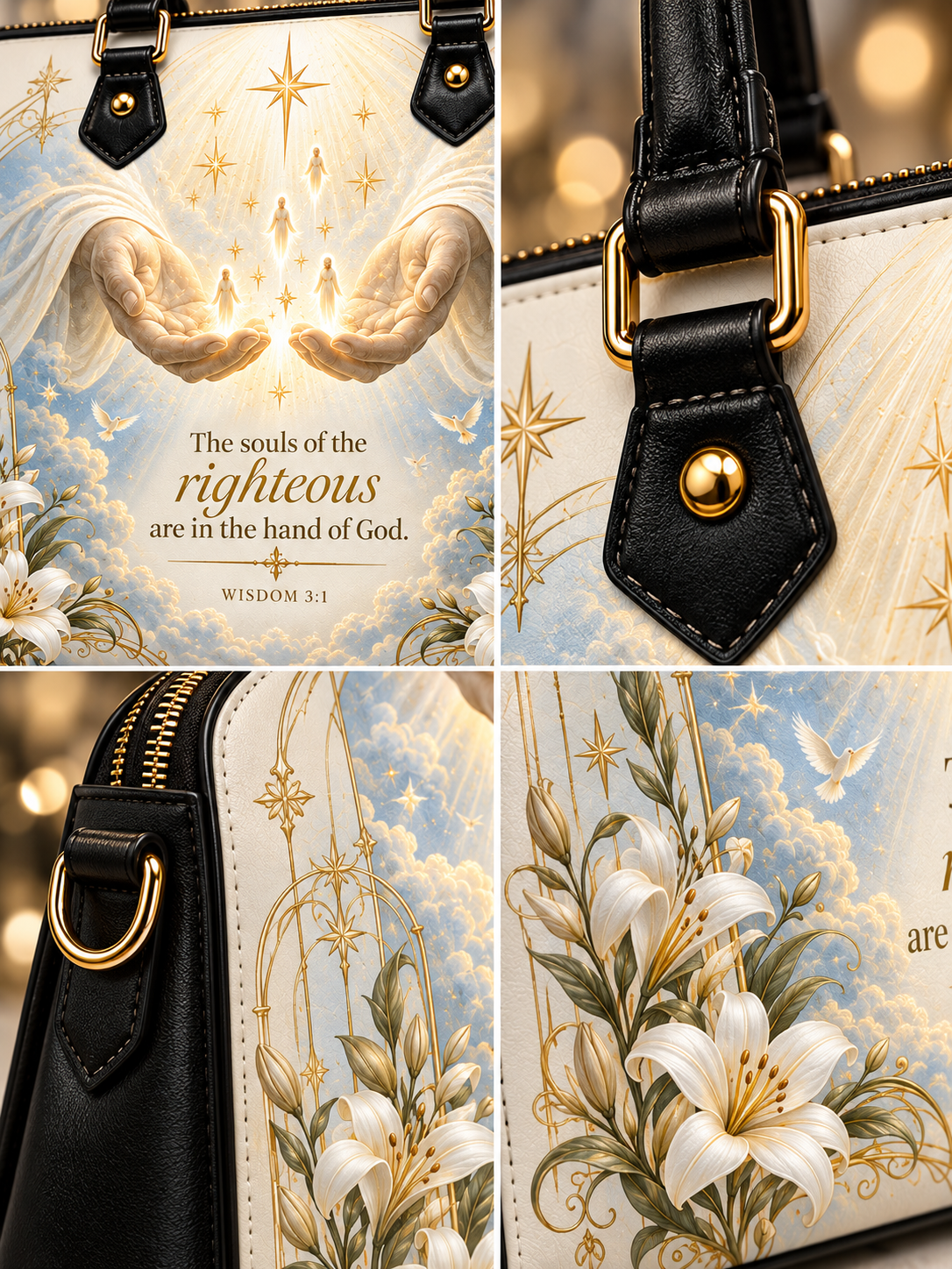 A four-panel close-up collage of a handbag featuring a celestial floral print with white lilies, gold stars, and the text 'The souls of the righteous are in the hand of God. WISDOM 3:1'.