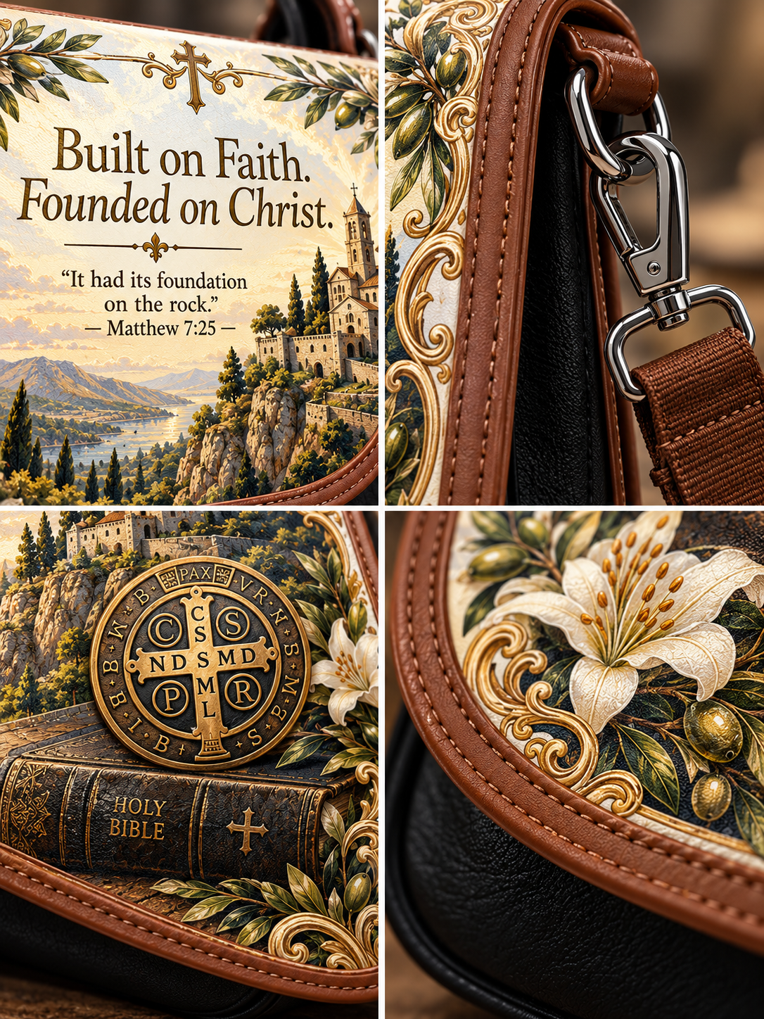 A four-panel close-up collage of a decorative crossbody bag. The bag has a black leather base with rich brown leather trim, ornate gold and green floral scrollwork, a white lily motif, and a scenic landscape print on the front.