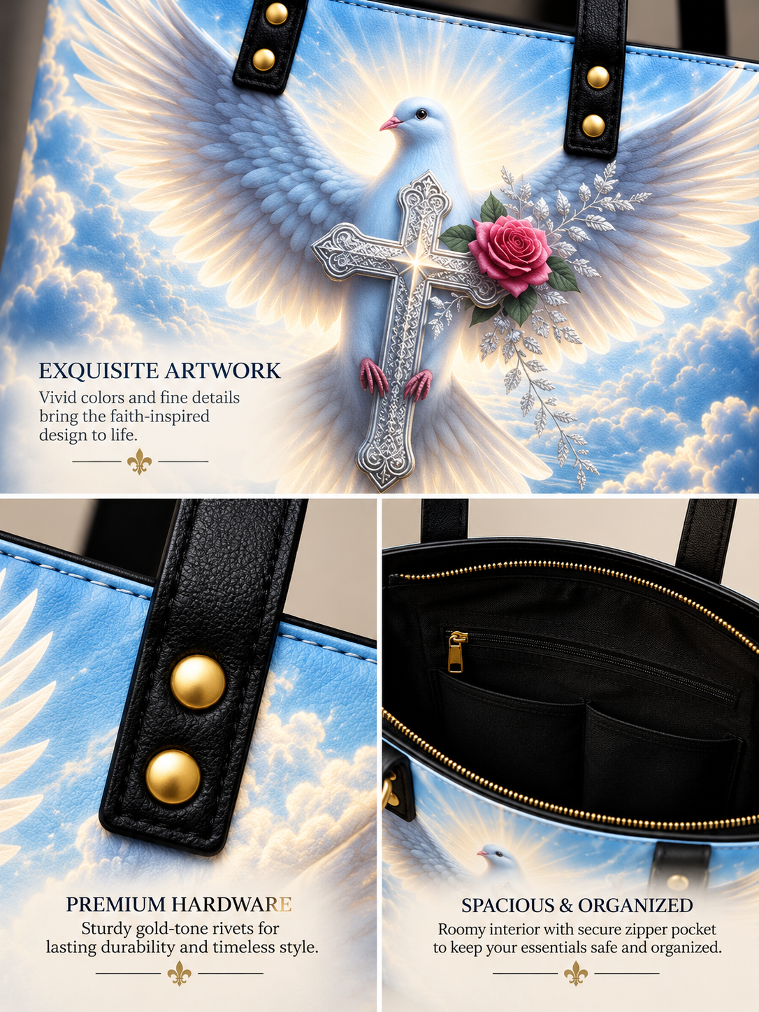 A tote bag shown in a three-panel product collage. The top panel features a large printed artwork of a white dove with outstretched wings on a blue sky background, holding a silver-toned ornate cross with a pink rose.