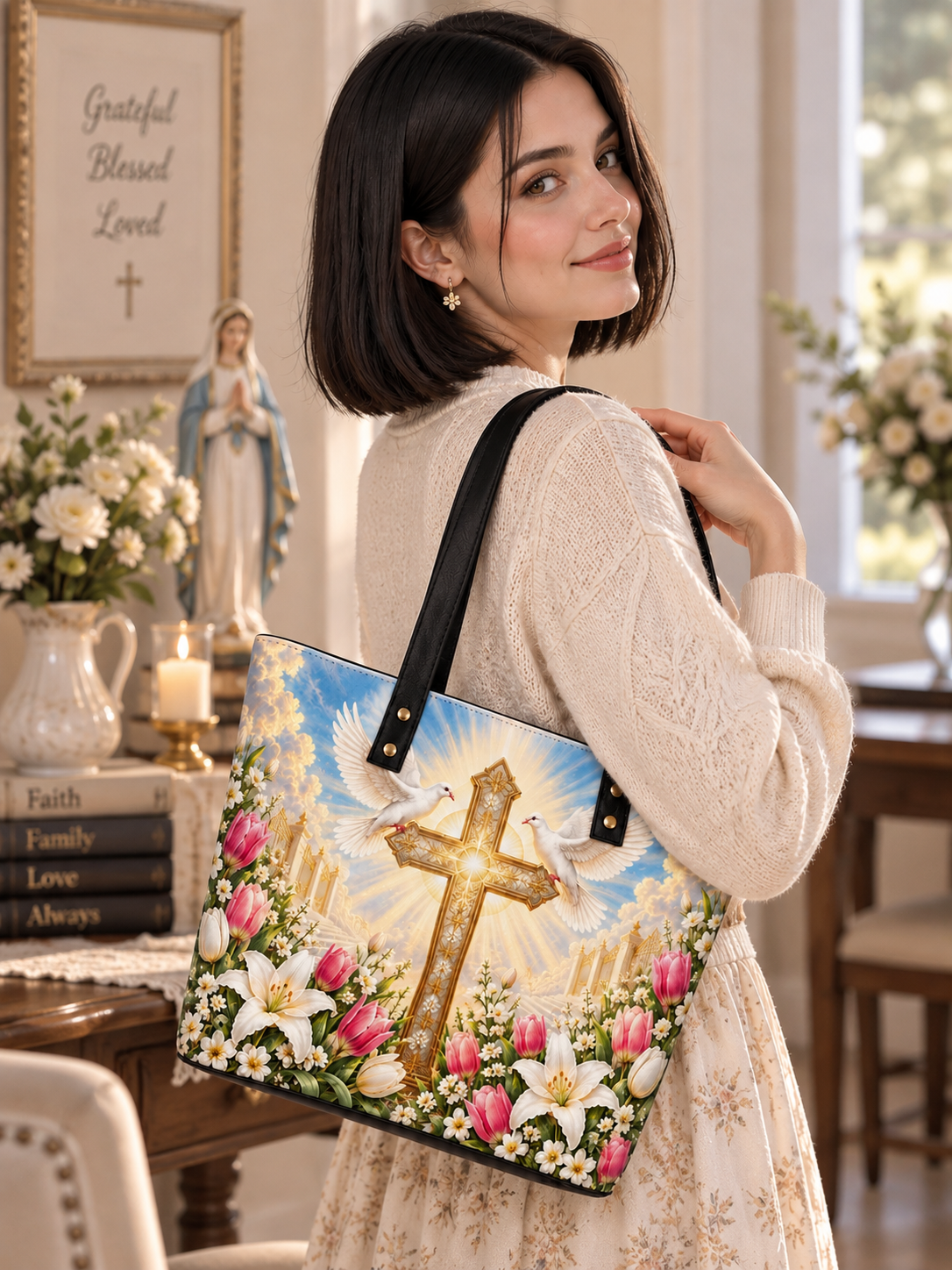 A tote bag with black handles, featuring a vibrant printed design of a golden cross, two white doves, pink and white lilies, and a bright sky background.