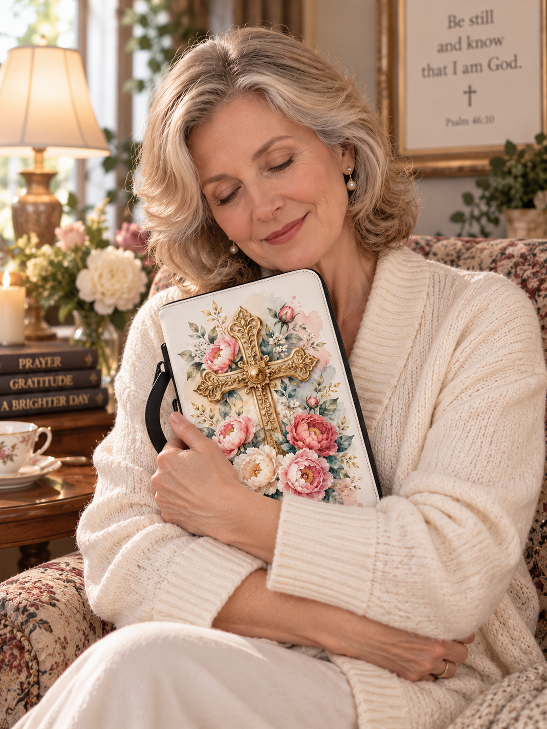 A Bible journal or book cover with a black handle, featuring a large ornate gold cross surrounded by pink, peach, and white peonies with green leaves on a white background.